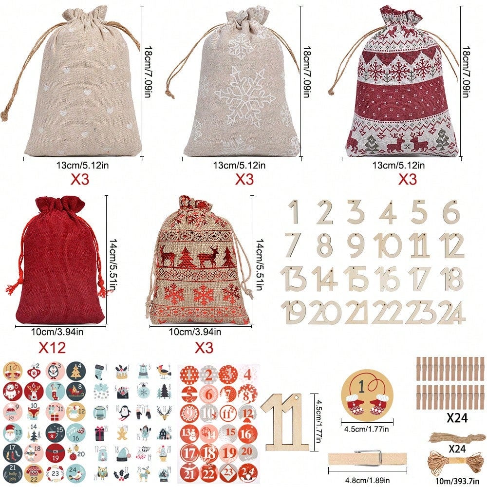 Sachets calendrier de l'Avent en coton lin, lot de 24 sachets à cordon ...