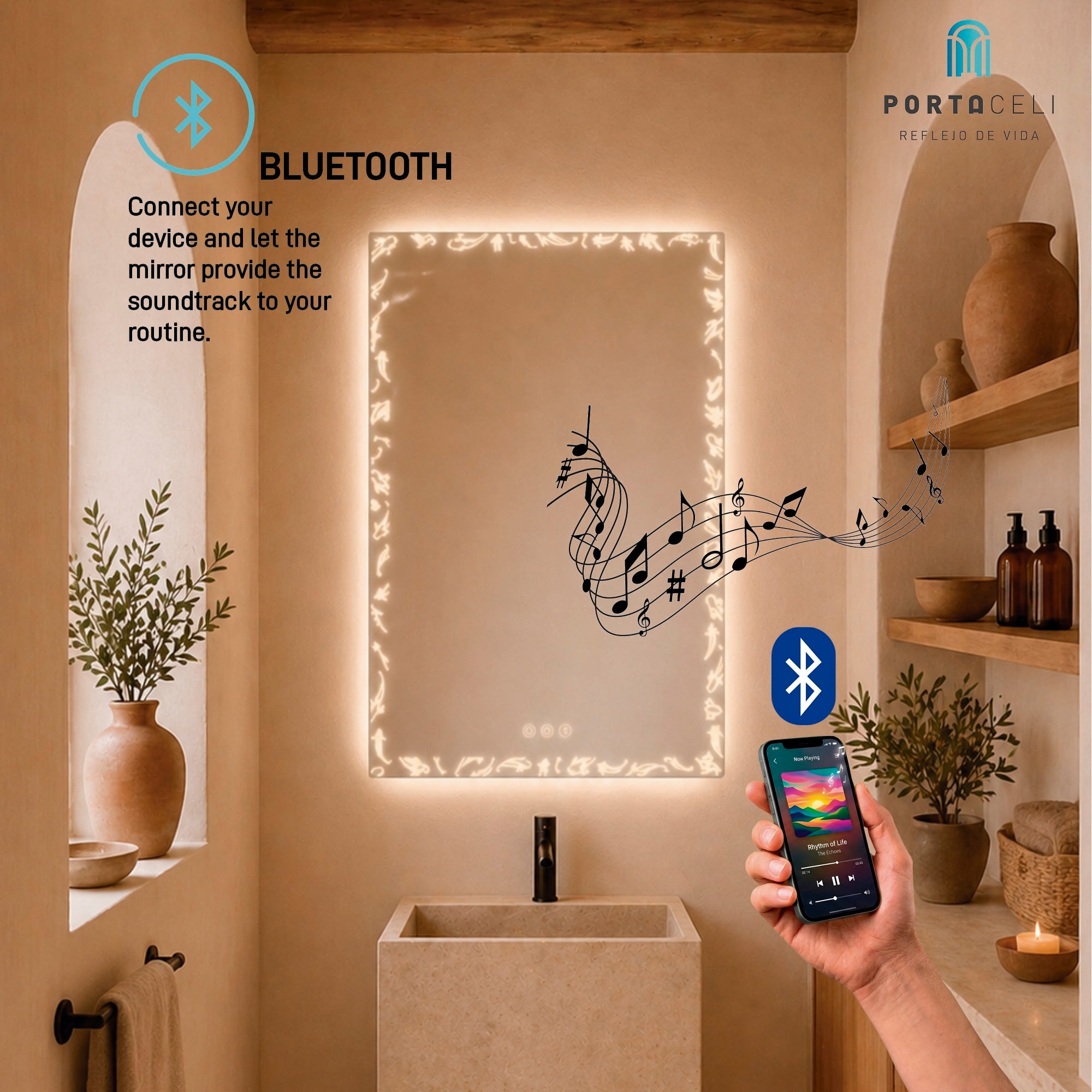 Miroir de salle de bain Koi Connect 80 x 80, APP, Anti-buée et Bluetooth - 8