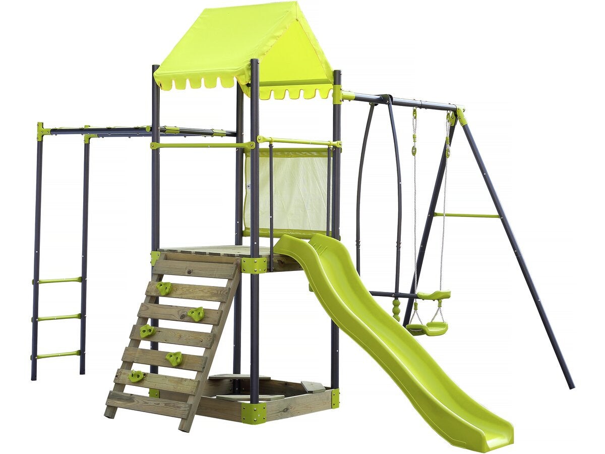 Metalowa huśtawka "Lucien" ze zjeżdżalnią i piaskownicą - zielona