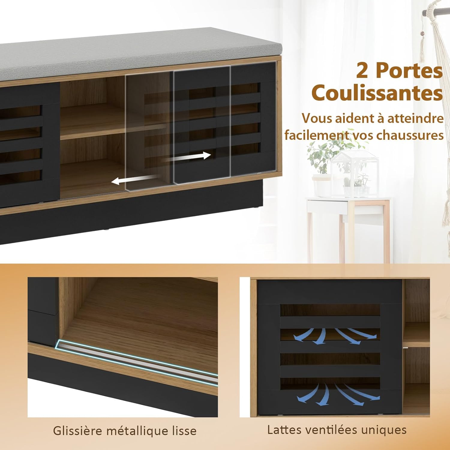 Panca Scarpiera con 6 Scomparti e 3 Ripiani Regolabili, Panca Porta Scarpe con Cuscino, Scarpiera con 2 Ante Scorrevoli, Mobile Scarpe per Ing - 2