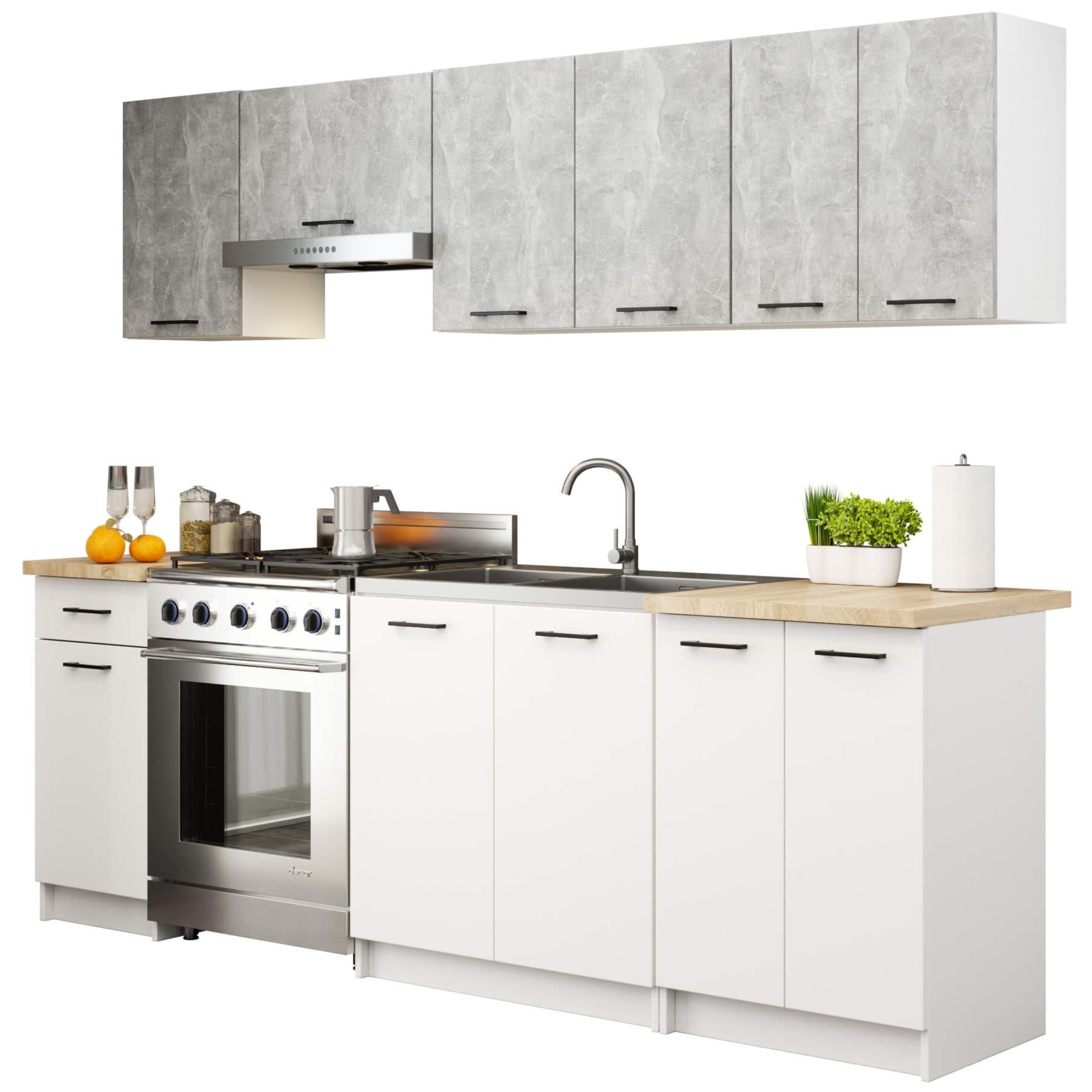 Zestaw kuchenny AKORD OLIWIA 2.4m Szary Beton 240 cm 11 drzwi 1 szuflada kolor Biały mat 12 półek 240x46x203 cm