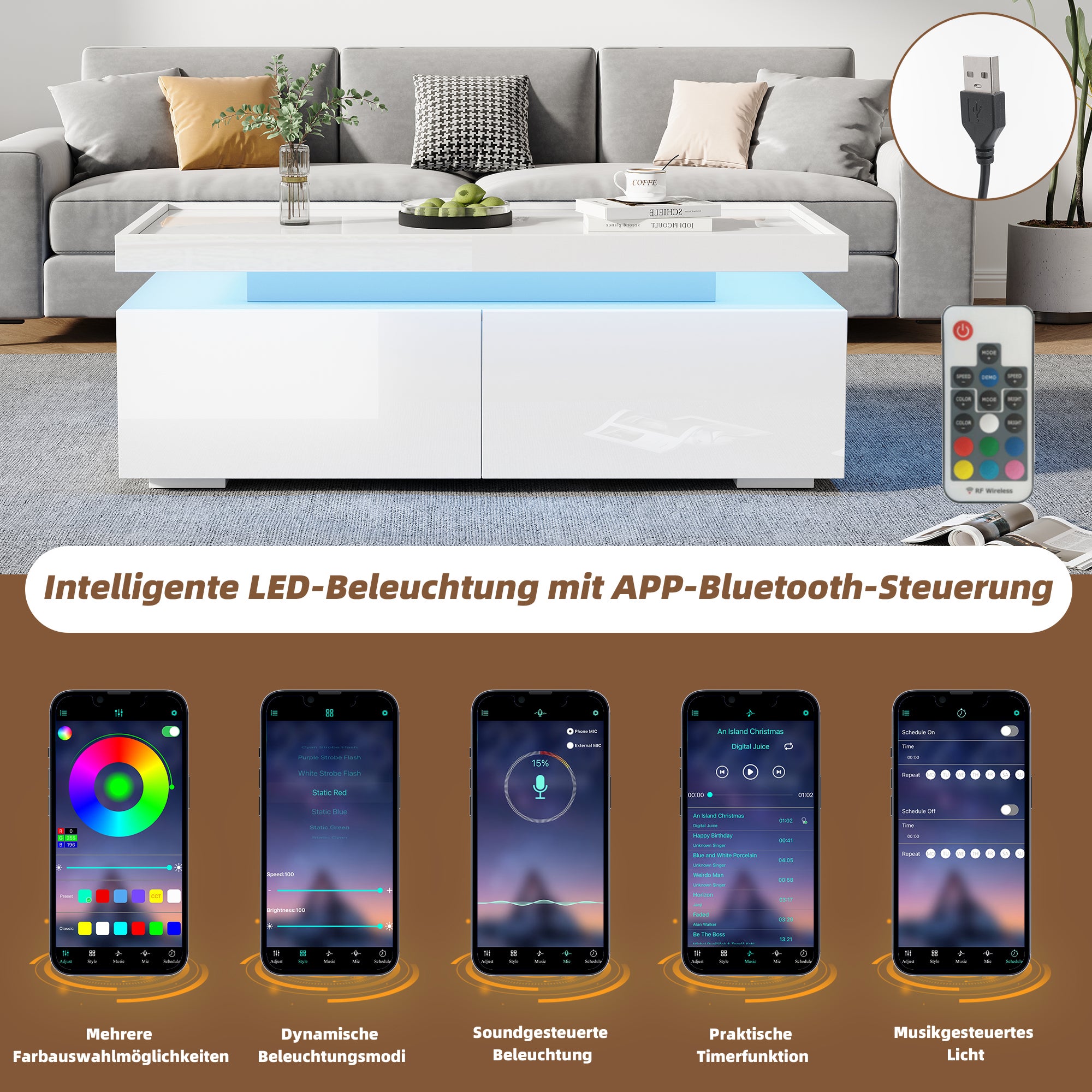 Stolik kawowy z 2 szufladami, stolik pomocniczy - 95 x 45 x 35 cm - Diody LED - Płyta wiórowa - Biały połysk - 9