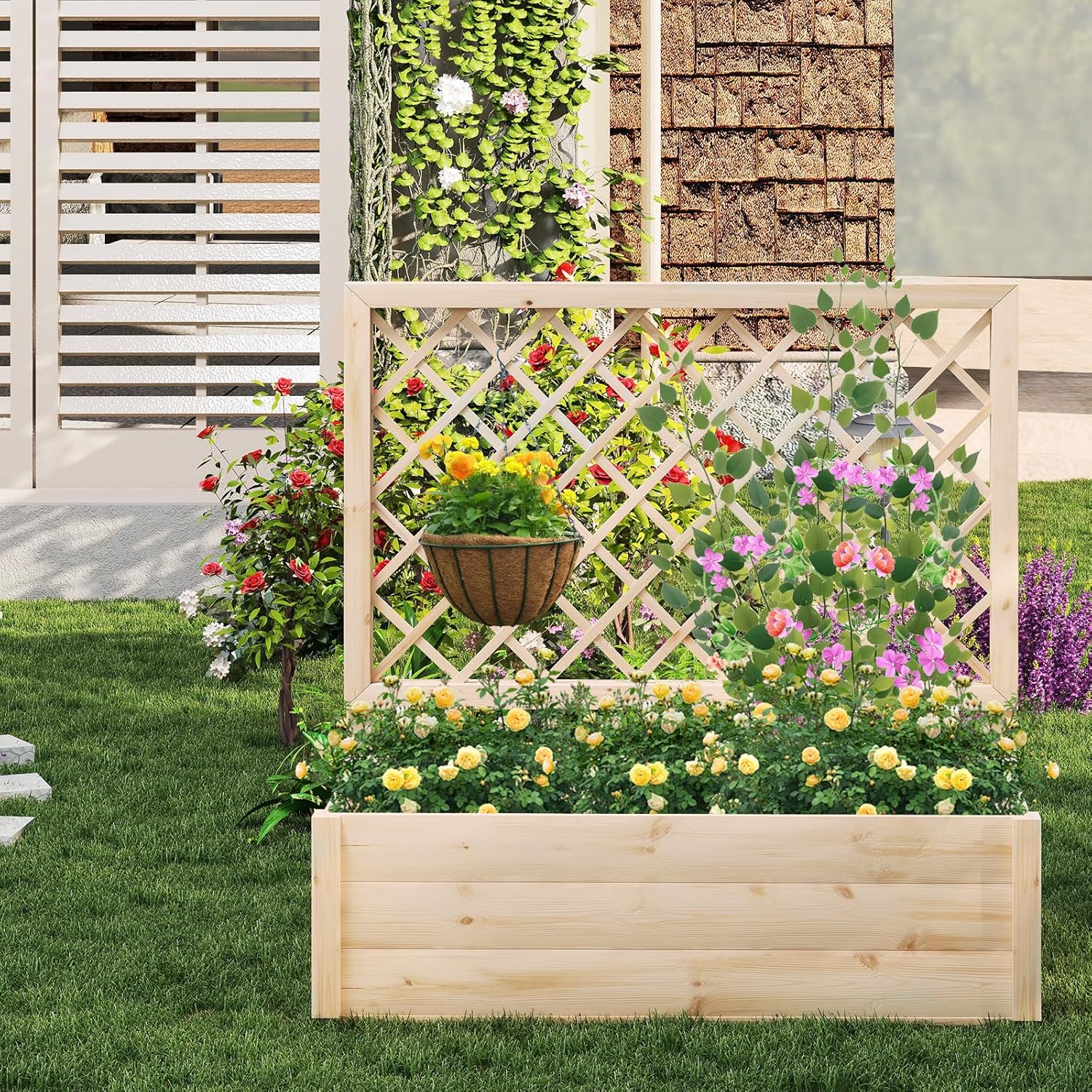 Jardinière Surélevée avec Treillis, Lit de Jardin en Bois de Sapin, Trou Drainage pour Vigne Grimpante Fleurs Fruits, Naturel (98x38x101cm) - 2