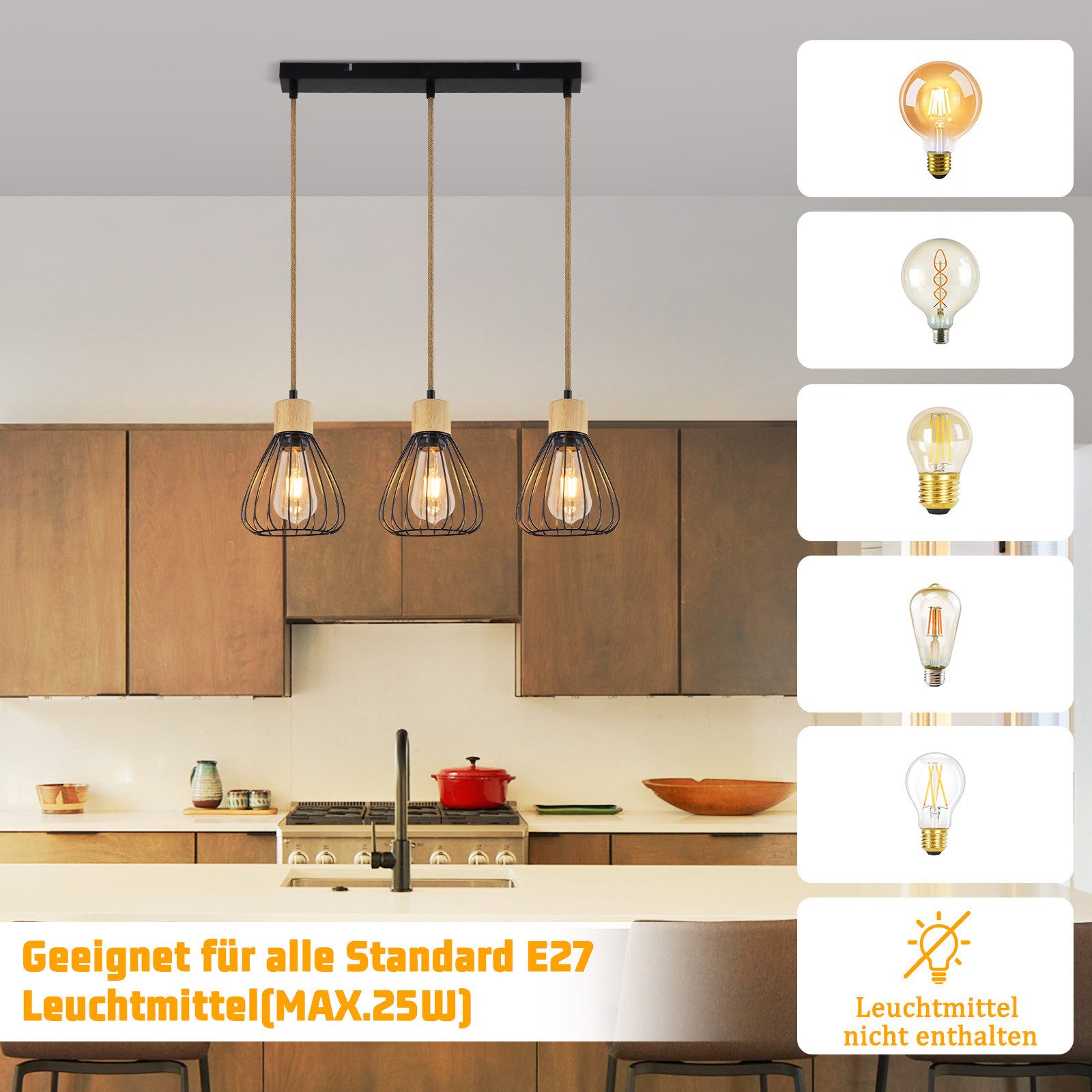 NETTLIFE Lampa wisząca Vintage Industrial Retro Lampa wisząca do salonu z drewna i liny konopnej w czarnym metalu 3 płomienie E27 - 2