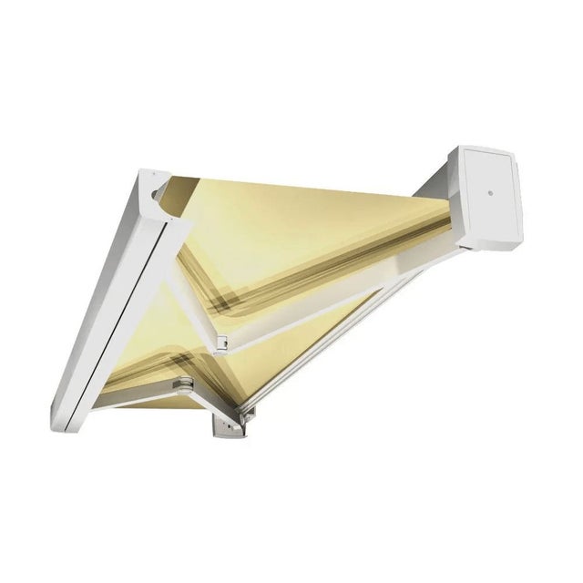 Tenda da sole a cassonetto integrale SOA 4,10x3,50 m (Motorizzata a telecomando con manovra di emergenza - Telaio bianco - Tela beige chiaro)