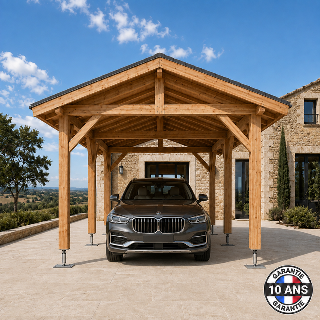 Carport Bois Douglas Français 20 m² – 2 pentes – 6 poteaux – Abri voiture extérieur – Garantie 10 ans