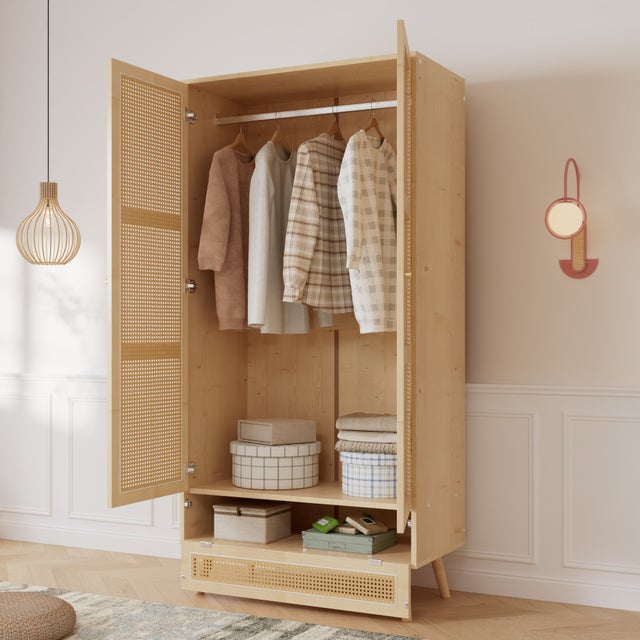 Armoire avec tringle - 2 portes grillagées en rotin et 1 compartiment abattant - Naturel