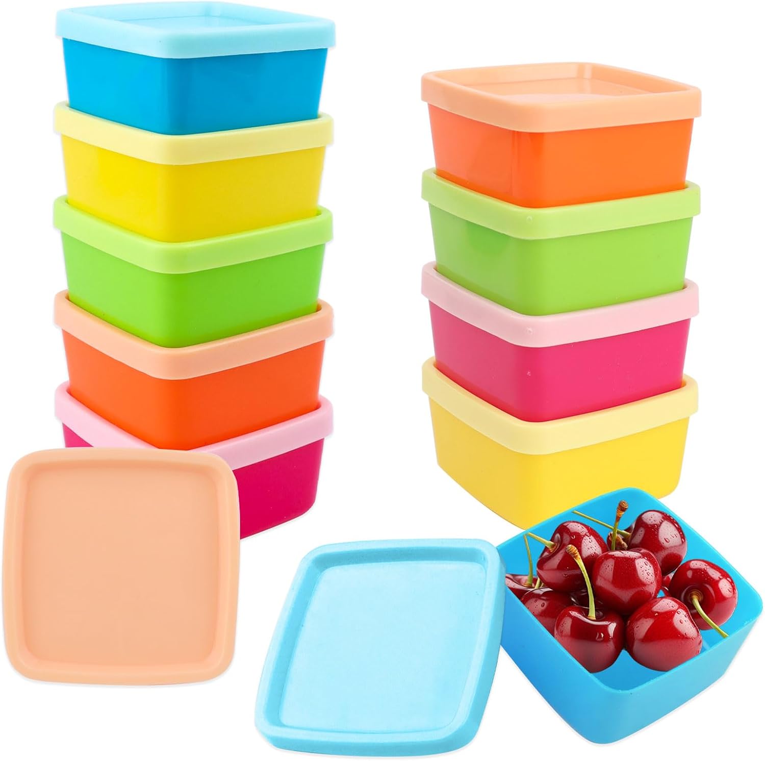 10 małych kwadratowych pojemników z pokrywkami, 5 kolorów, miniaturowe plastikowe pojemniki do przechowywania żywności na sosy, dipy, przyprawy, jogur