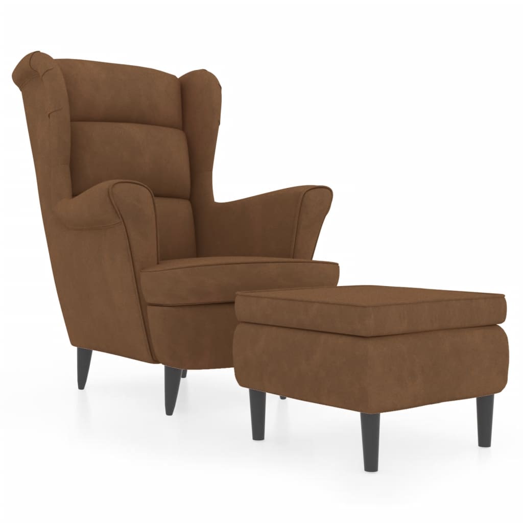 Fauteuil à oreilles avec tabouret marron en velours - 2