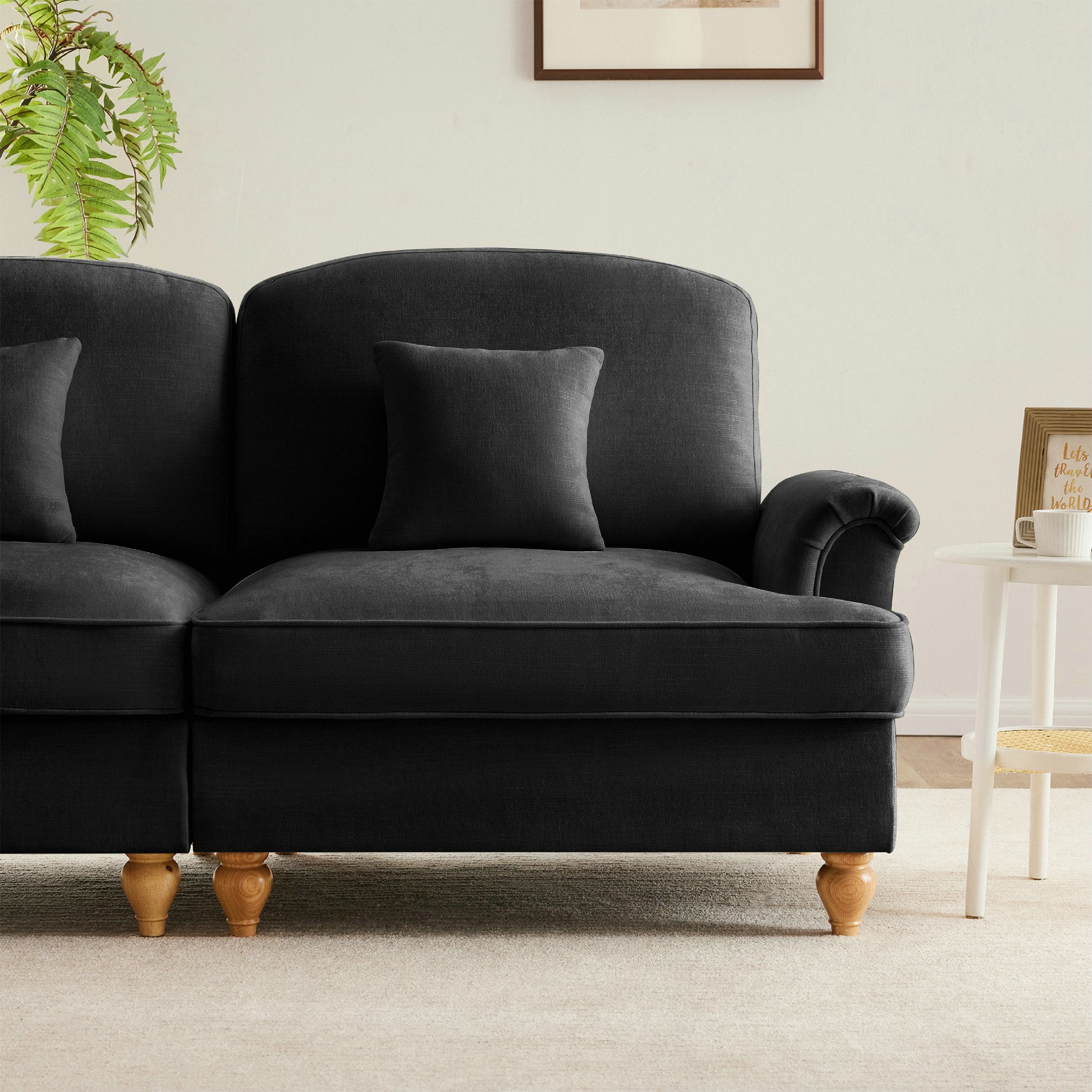 Élégant canapé d\'angle 2 places style Mid-Century - avec accoudoirs évasés - jupe à volants amovible - en chenille confortable noir - 6