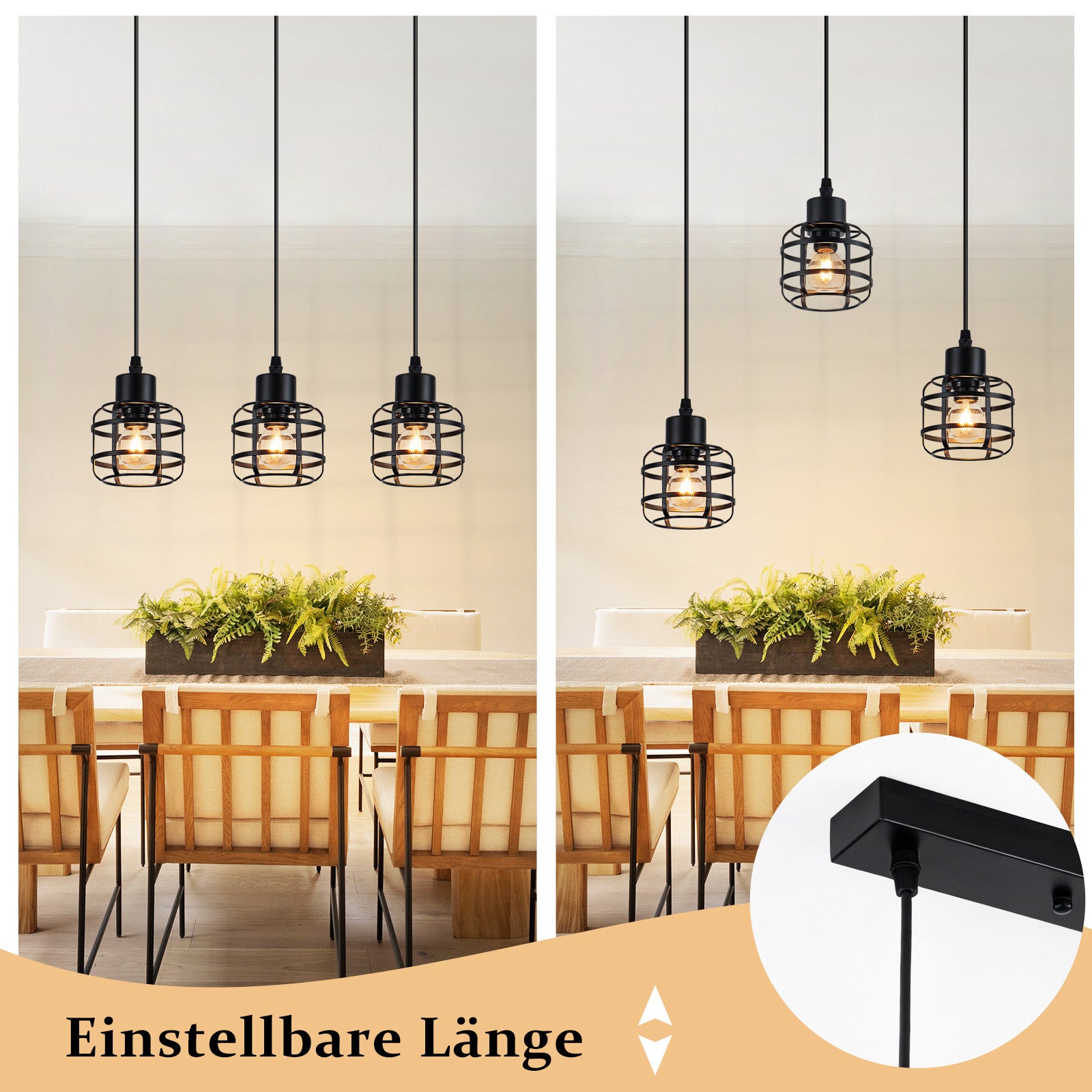 ZMH Lampa wisząca z metalu w stylu vintage, 3 żarówki, gniazdo E14, kolor czarny, regulowana wysokość, żarówka nie jest dołączona - 6