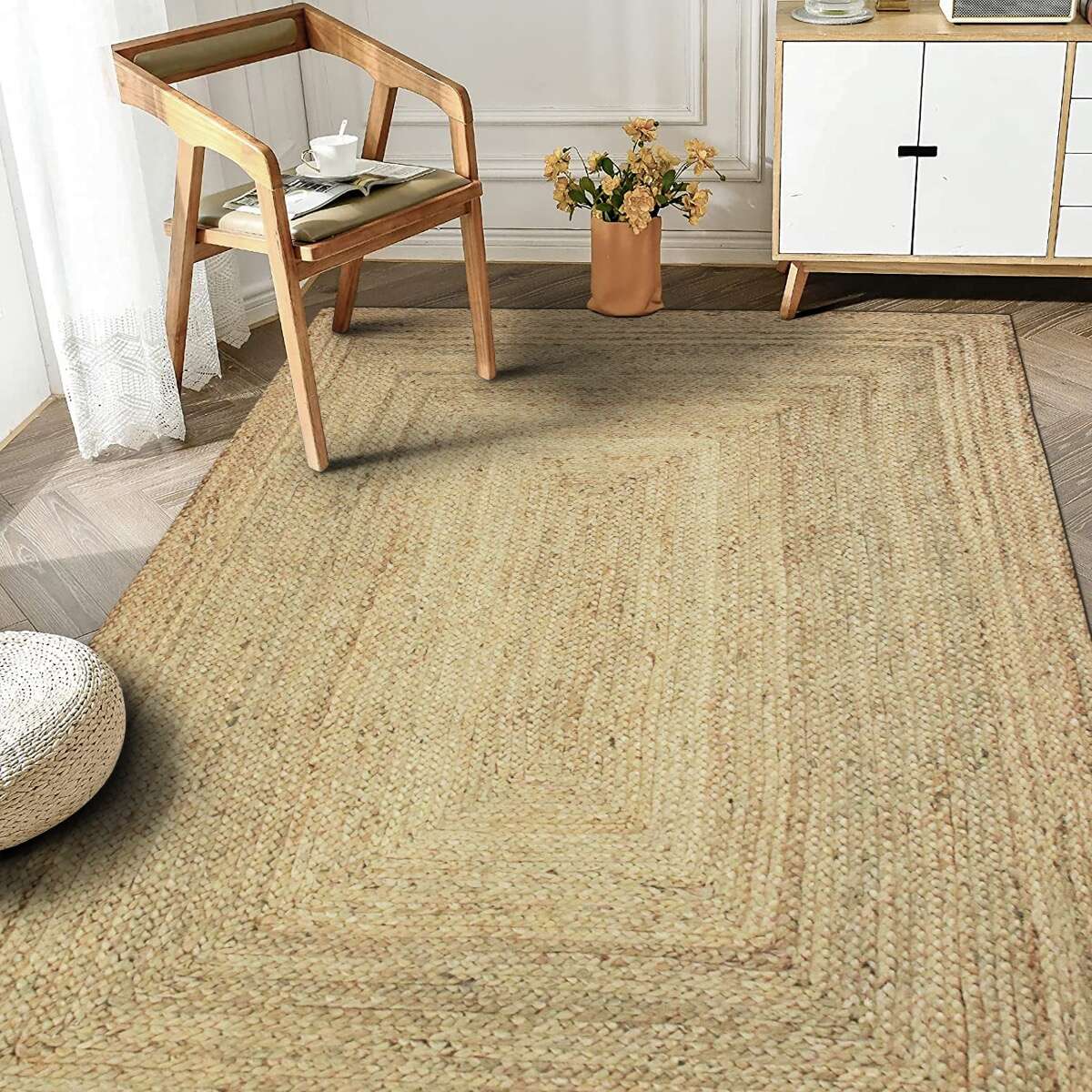 Tapis salon en jute tressé naturel artisanal 120x170 - style bohème - 7