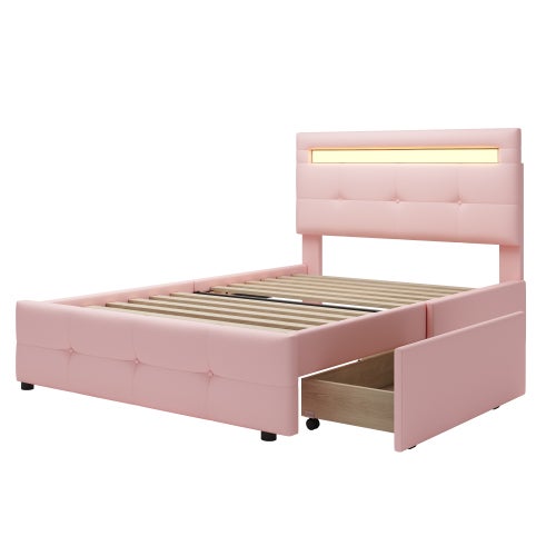 Lit Simple 90x200 Cm Avec Tête De Lit Couronne LED Réglable - Rembourrage PU Rose, Tiroir - Pour Fille Adolescente