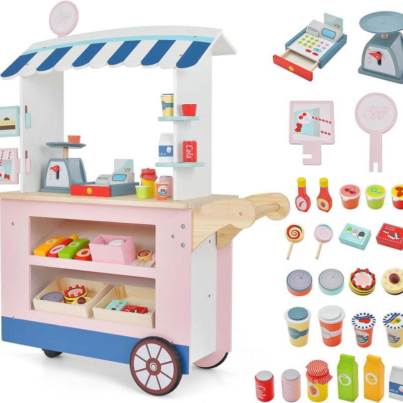 Wózek z Przekąskami dla Dzieci z 30 Akcesoriami, Drewniana Budka Handlowa z Daszkiem, Stoisko Supermarketowe z Kasą Fiskalną (Różowy)