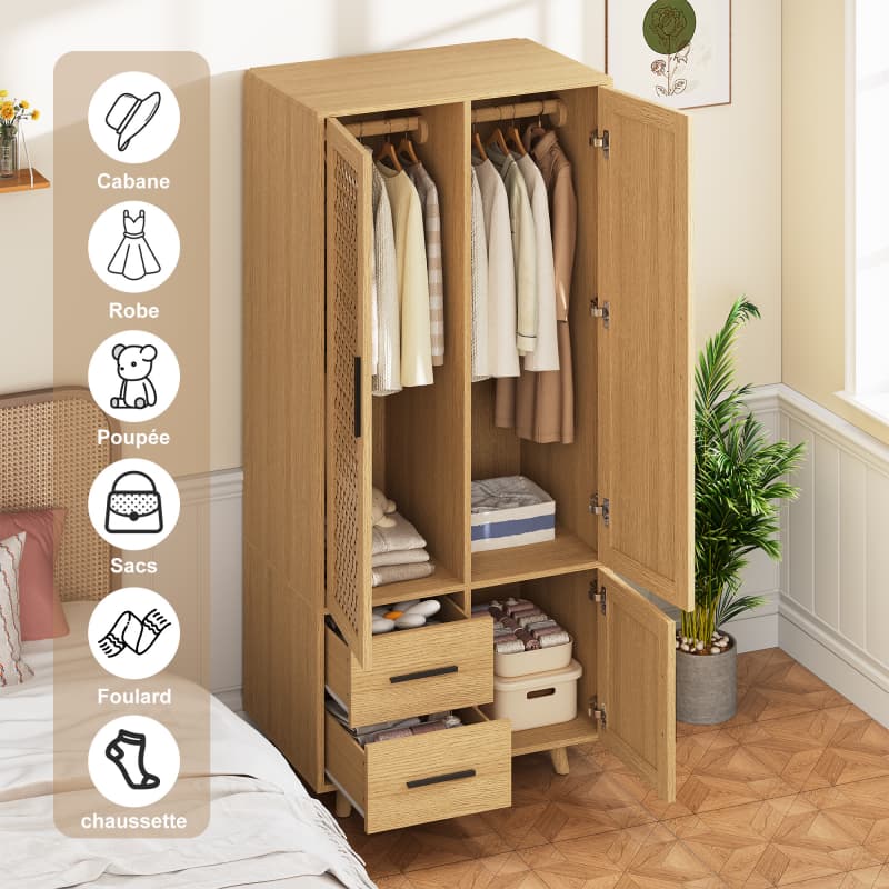 Móvel de arrumação madeira carvalho, portas rattan, 2 gavetas, 1 compartimento, estilo escandinavo, pés madeira, para quarto e sala. - 5