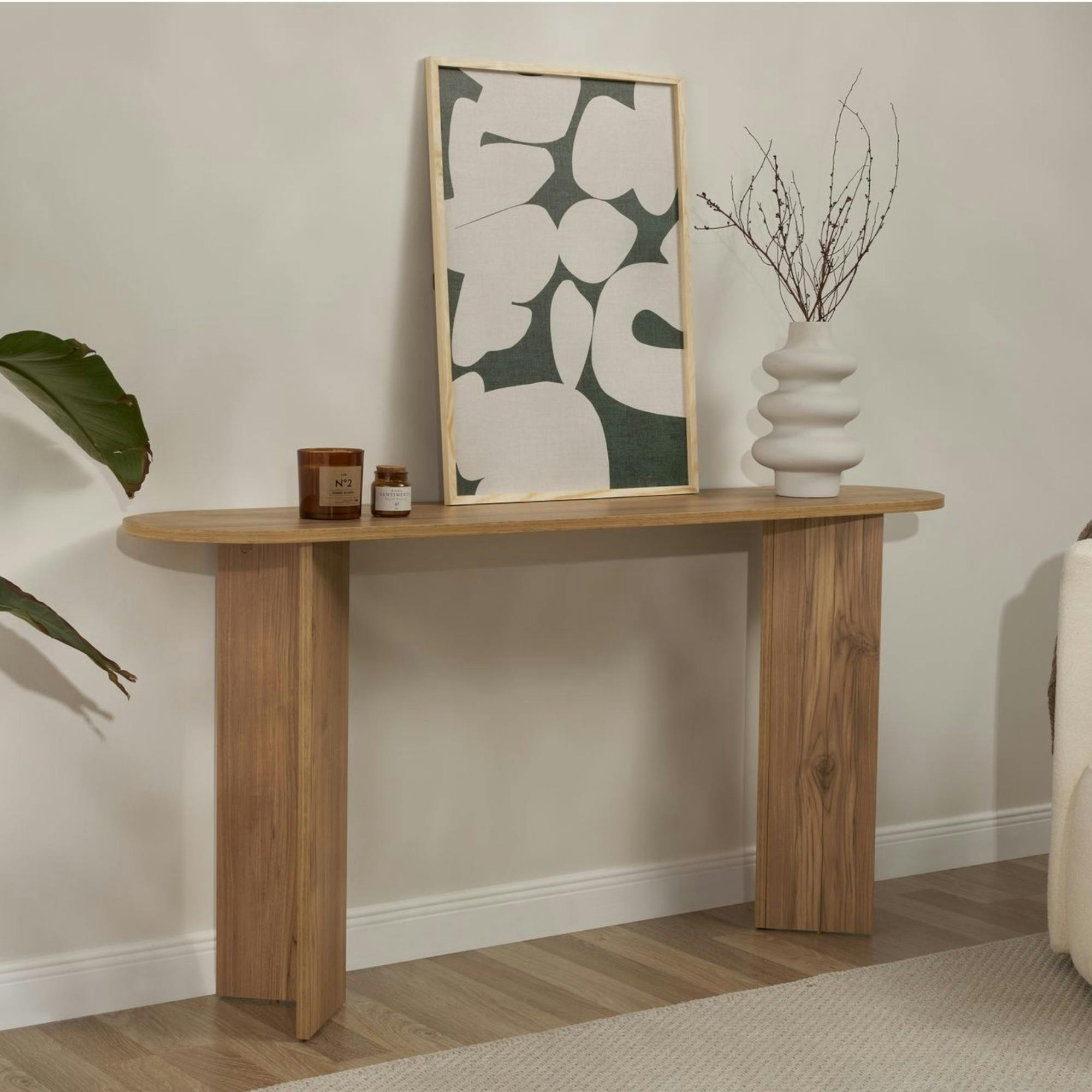 Console de salon ovale effet chêne - pieds en V MARFA - 4
