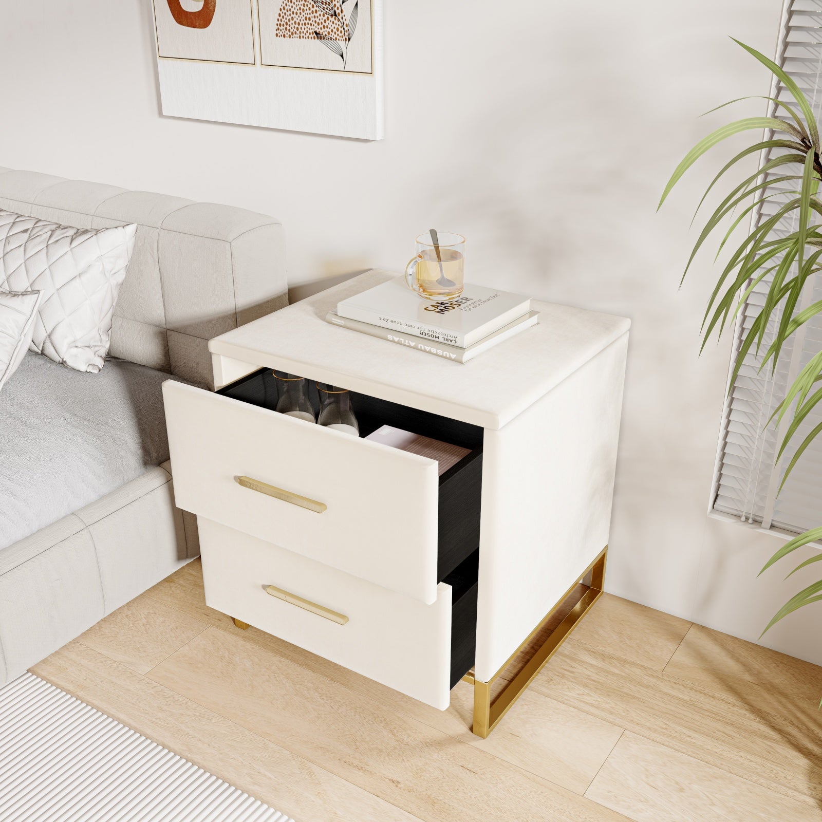 Lot de 2 Tables de chevet,Velours Beige, avec 2 Tiroirs et Poignées Dorées, Base Métallique Dorée, Design Minimaliste et Élégant, idéal pour Chambre - 3