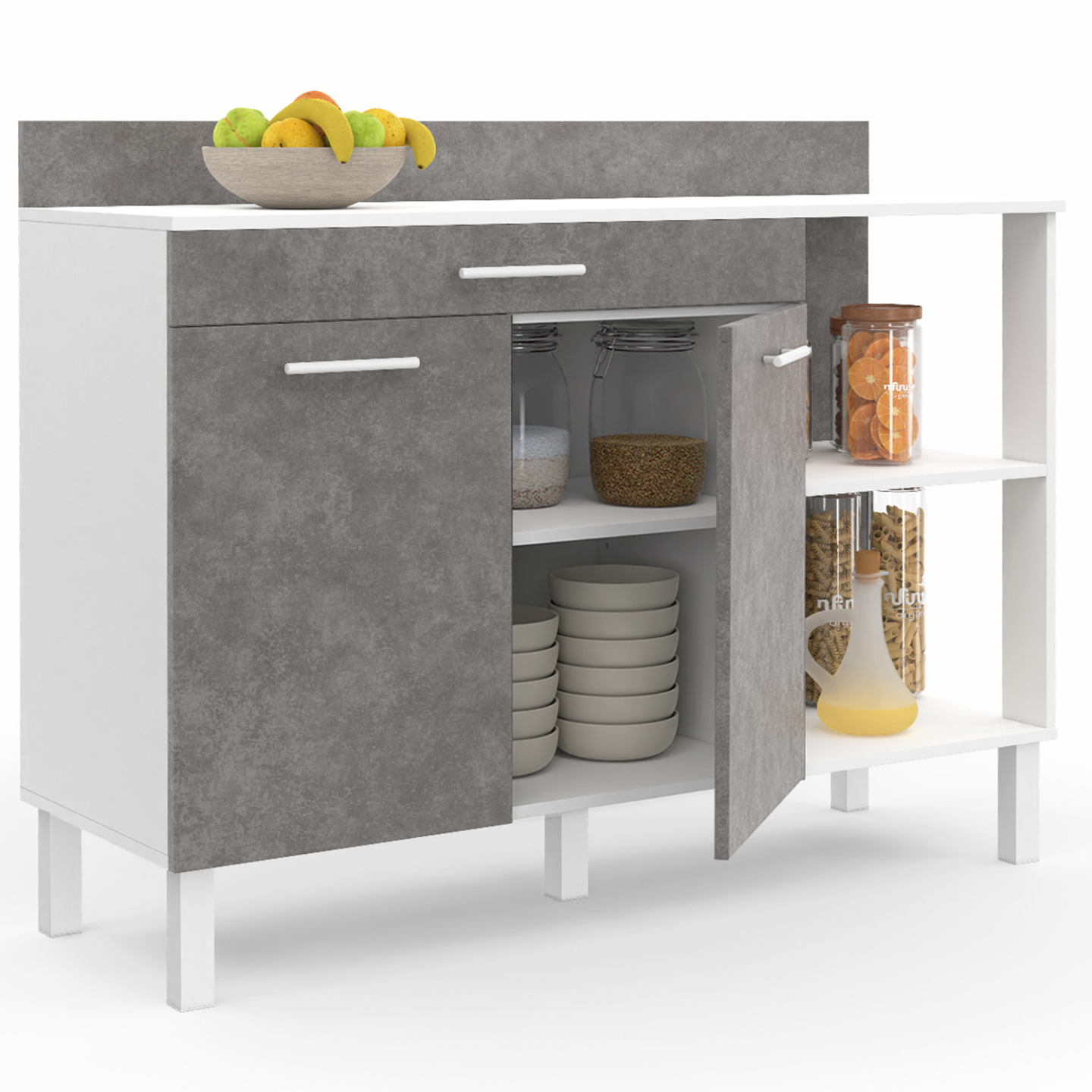 Buffet bas de cuisine 120 cm CINA plan de travail H.83 cm 2 portes + tiroir blanc et effet béton - 4