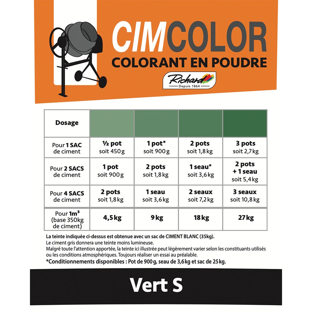 Pigments en poudre Cimcolor pour beton ciment enduit joint chaux Richard Cimcolor vert S 900g - 4