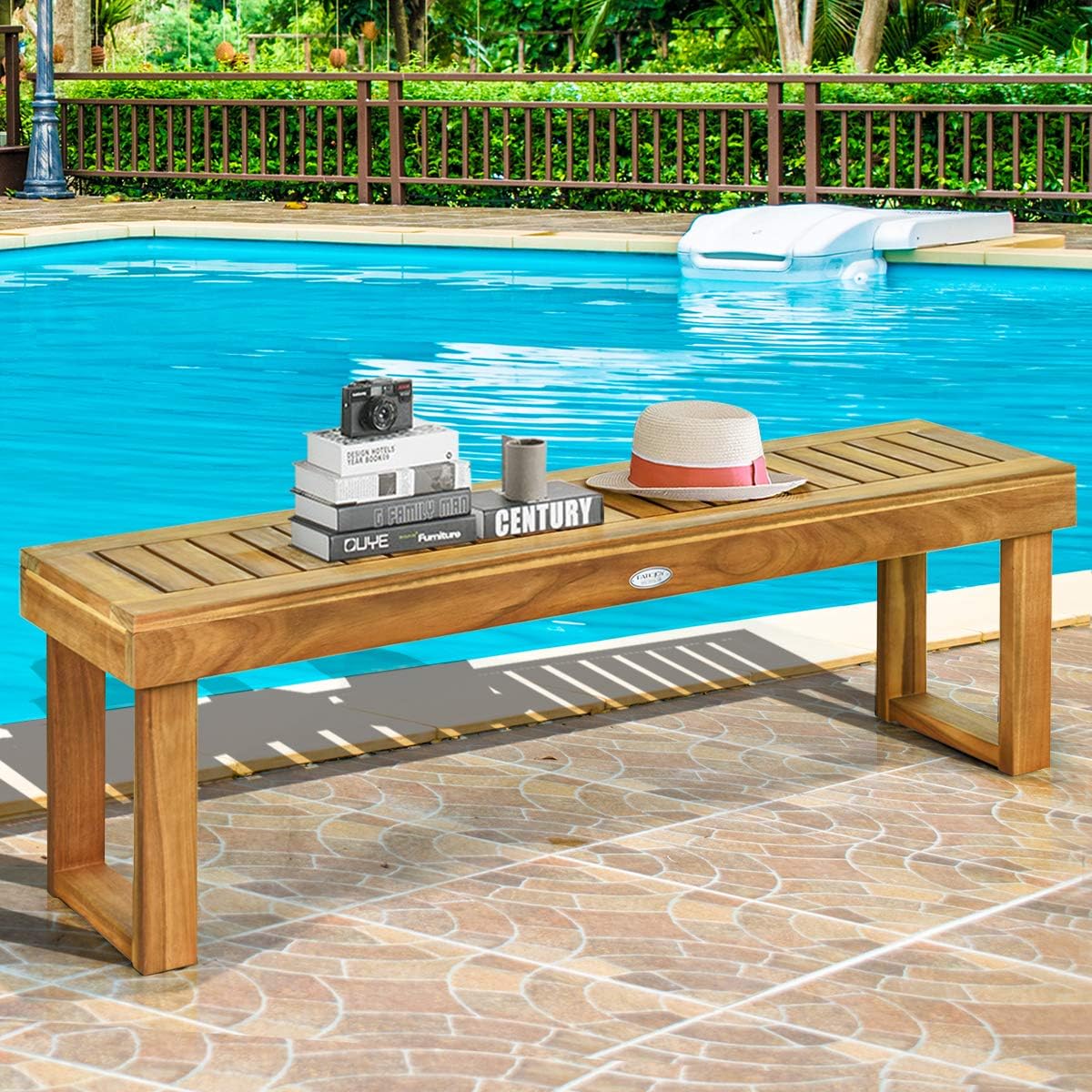 Banc de Jardin din Lemn de Acacia, 132x34x43,5 cm, Asisa Respiratoare cu Latte si Picioare Mare, Picioare cu Bară