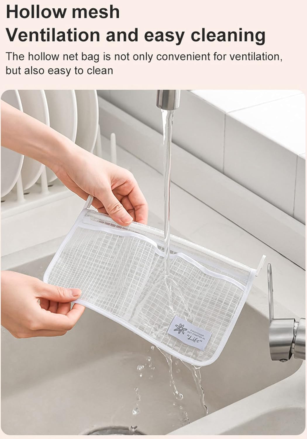 Bolsa de malla para almacenamiento, organizador para refrigerador, colgante, con doble compartimento, para montar en la pared. - 4