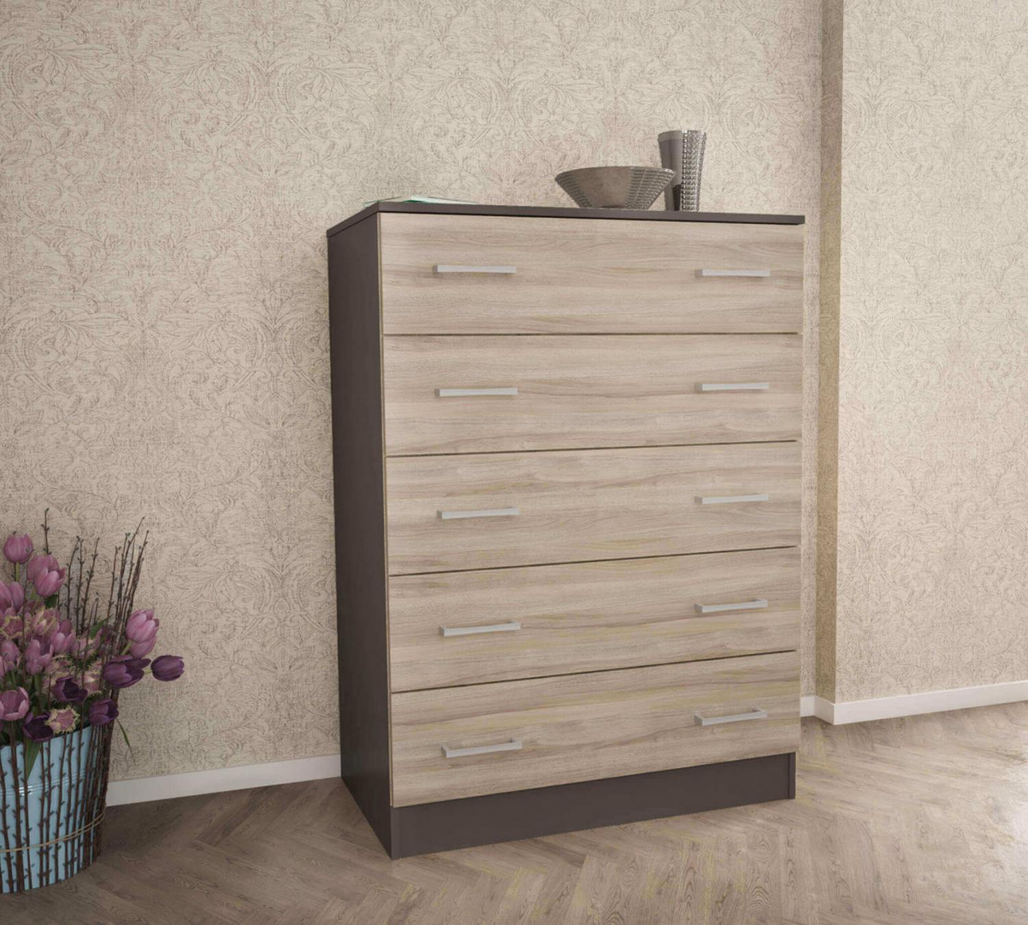 Cassettiera 5 Cassetti In Legno Di Mango Massello - Finitura Noce Chiaro, Design Moderno Per Soggiorno E Camera Da Letto (81x65x43cm) HWC-L96