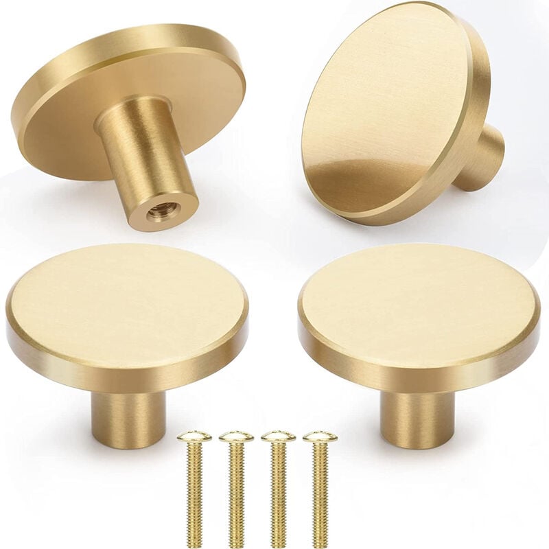 4x Okrągłe uchwyty meblowe 33 mm, szczotkowane mosiężne gałki do szafek, drzwi, szafek, szuflad, złote