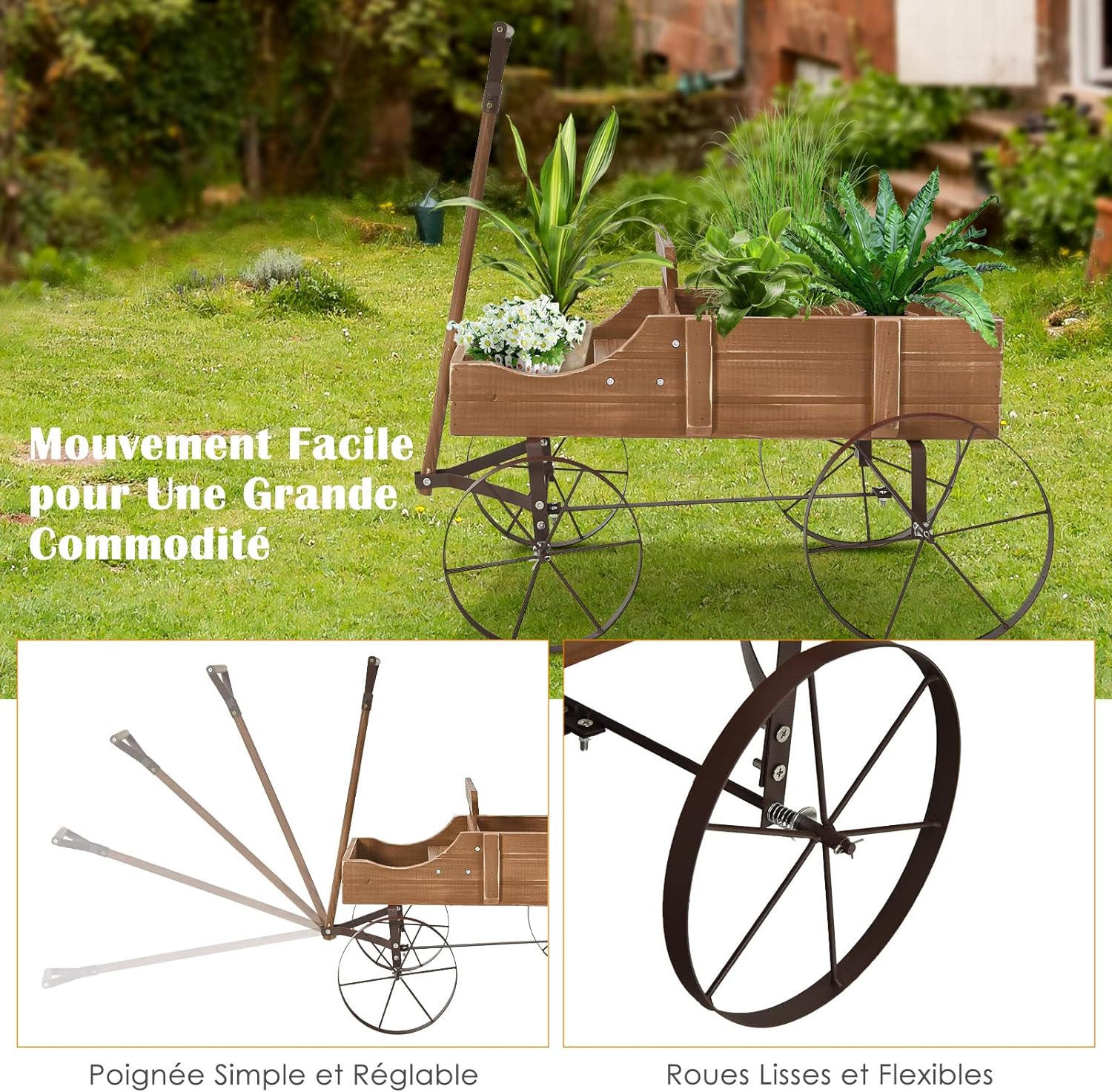 Brouette Décorative en Bois- 35×62,5×60cm- 2 Compartiments à Plantere-Jardinière Forme Brouette Chariot-Jusqu’à 15kg-Marron - 6