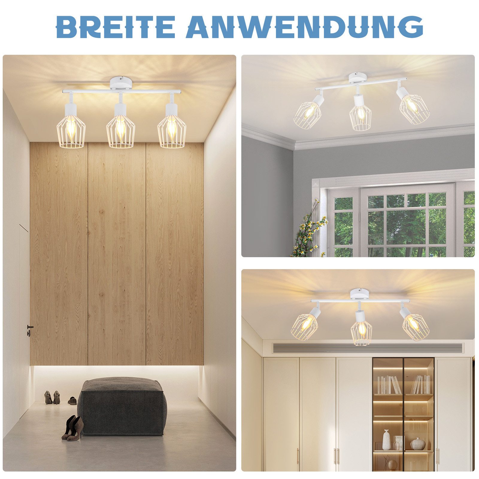 NETTLIFE Foco de Techo，3 luces E14 - Metal, Lámpara de Pasillo Industrial Giratoria 350°, Aplique de Pared para Pasillo y Sala de Estar, Blanco - 9