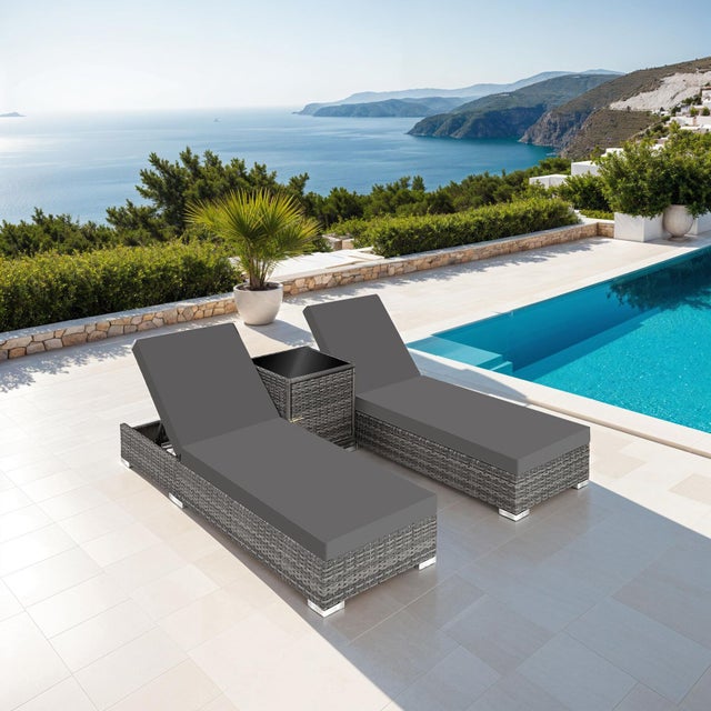Set di 2 lettini in rattan grigi struttura alu e tavolino, copertura TECTAKE
