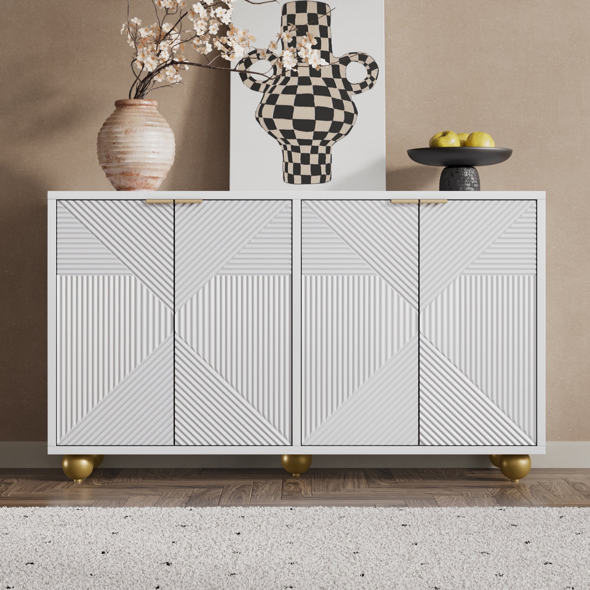 Kredens 120 x 35 x 71,5 cm - Z 4 drzwiami - Regulowane półki - Metalowe uchwyty i kuliste nóżki - Płyta MDF - Biały