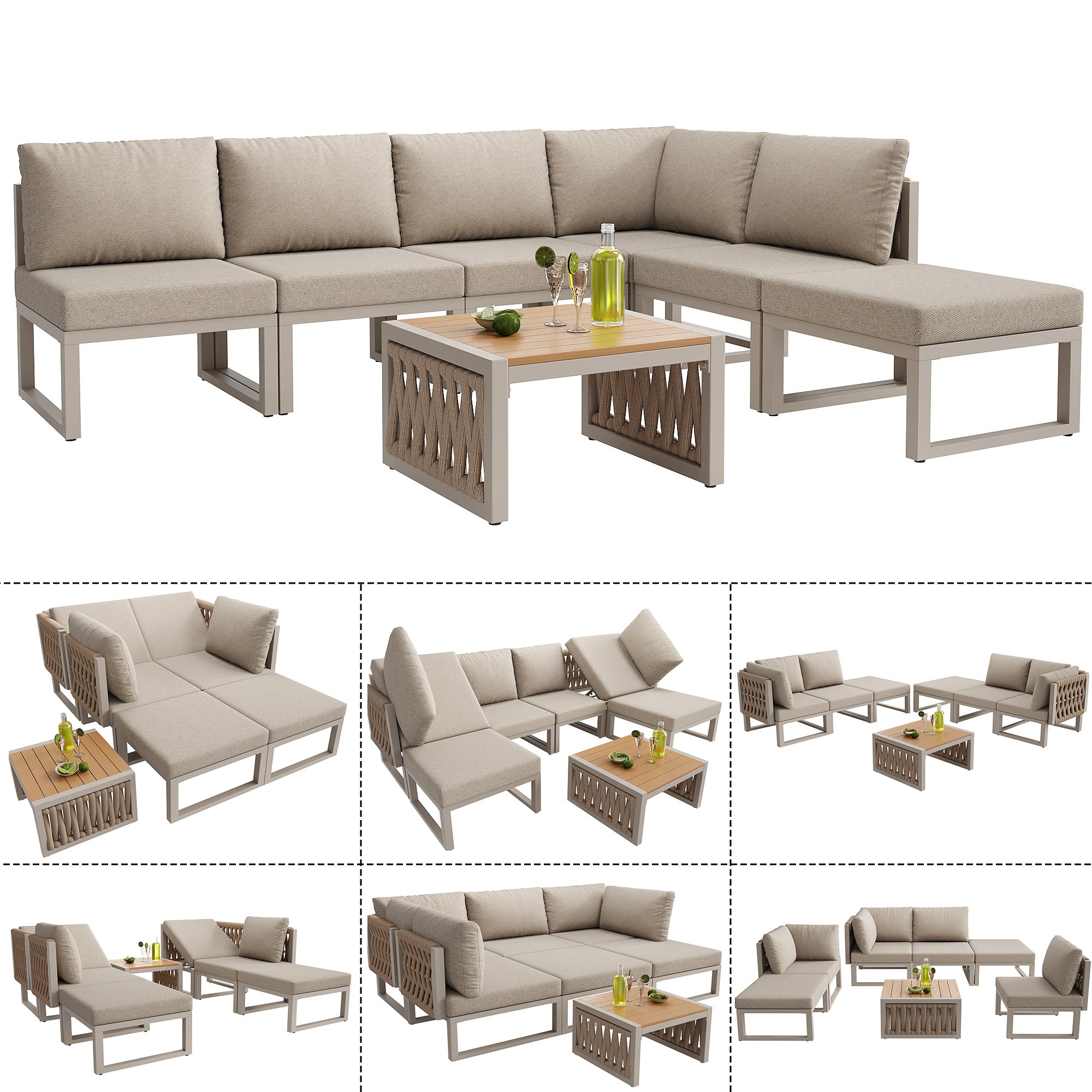 Conjunto de muebles de jardín exterior, silla de jardín para 6 plazas, cama doble de exterior, respaldo regulable, tumbona de piscina - Beige - 3