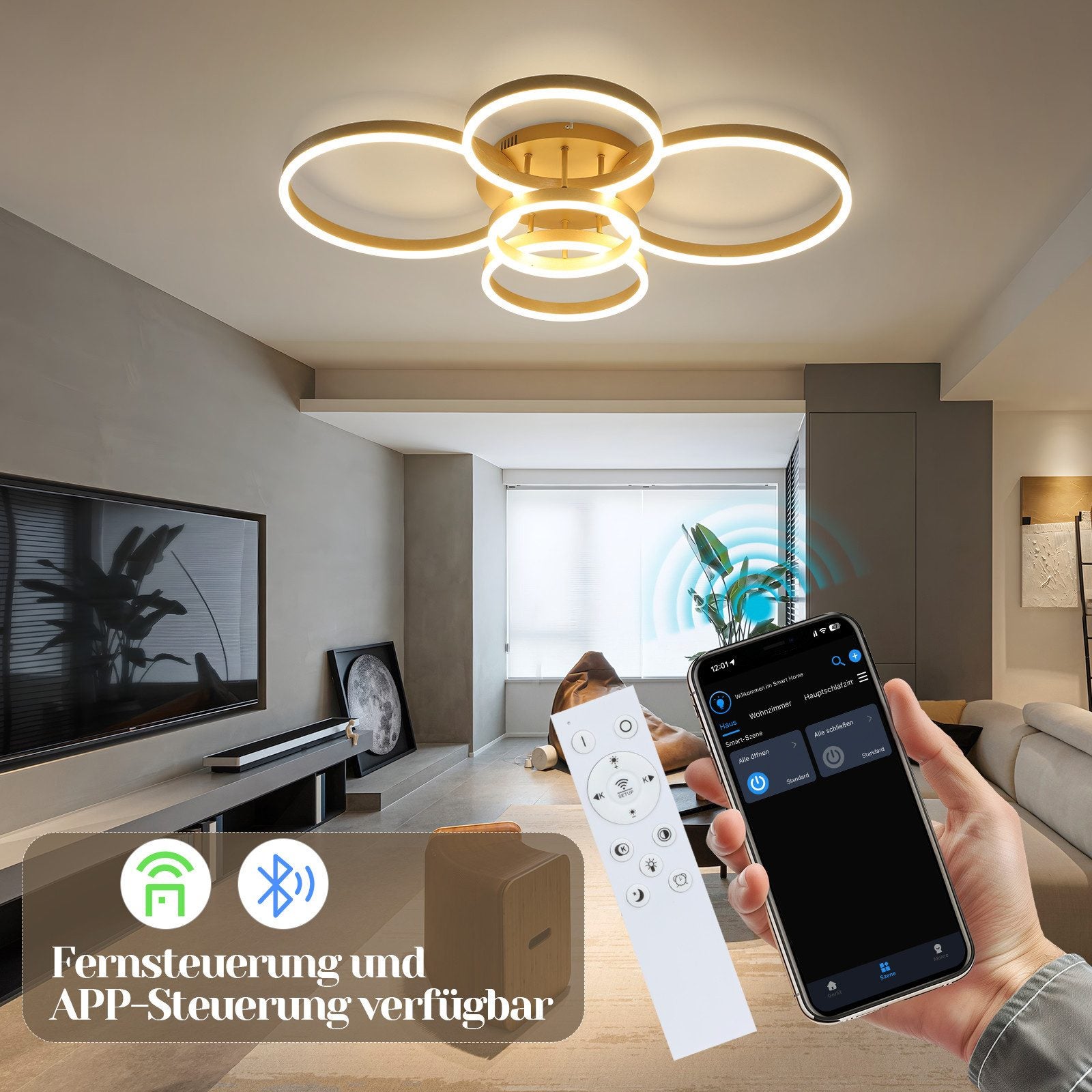 NETTLIFE Lámpara de techo LED para sala de estar, regulable, 78 W, 3000-6500 K, 5 anillos de acrílico moderno dorado con control remoto - 5