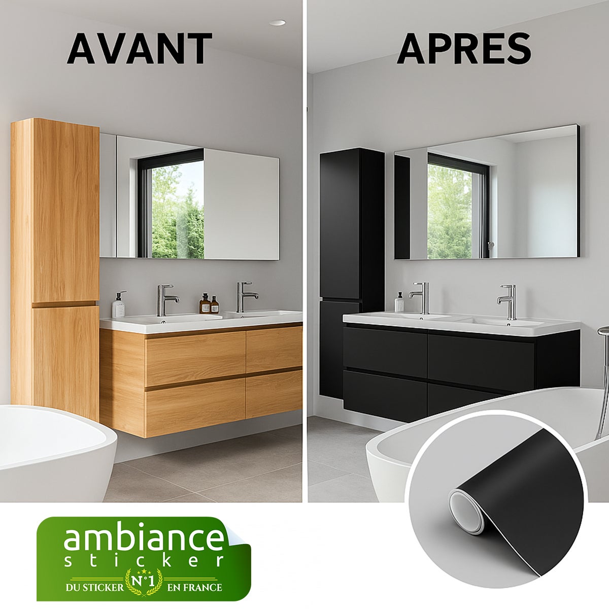 Rouleau adhésif Imperméable Vinyle au Mètre - Sticker Lavable Cuisine Meuble Armoire Porte - 60cmx1m - Noir - 2