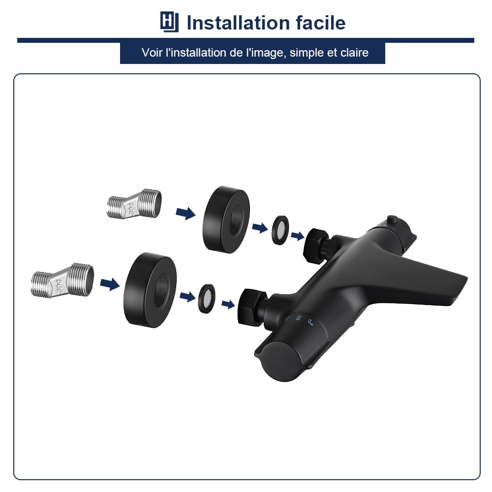 Colonne de Douche Thermostatique Noir Ensemble de Douche Robinet Cascade pour Baignoire Laiton Set de Douche Hauteur Réglable - 4