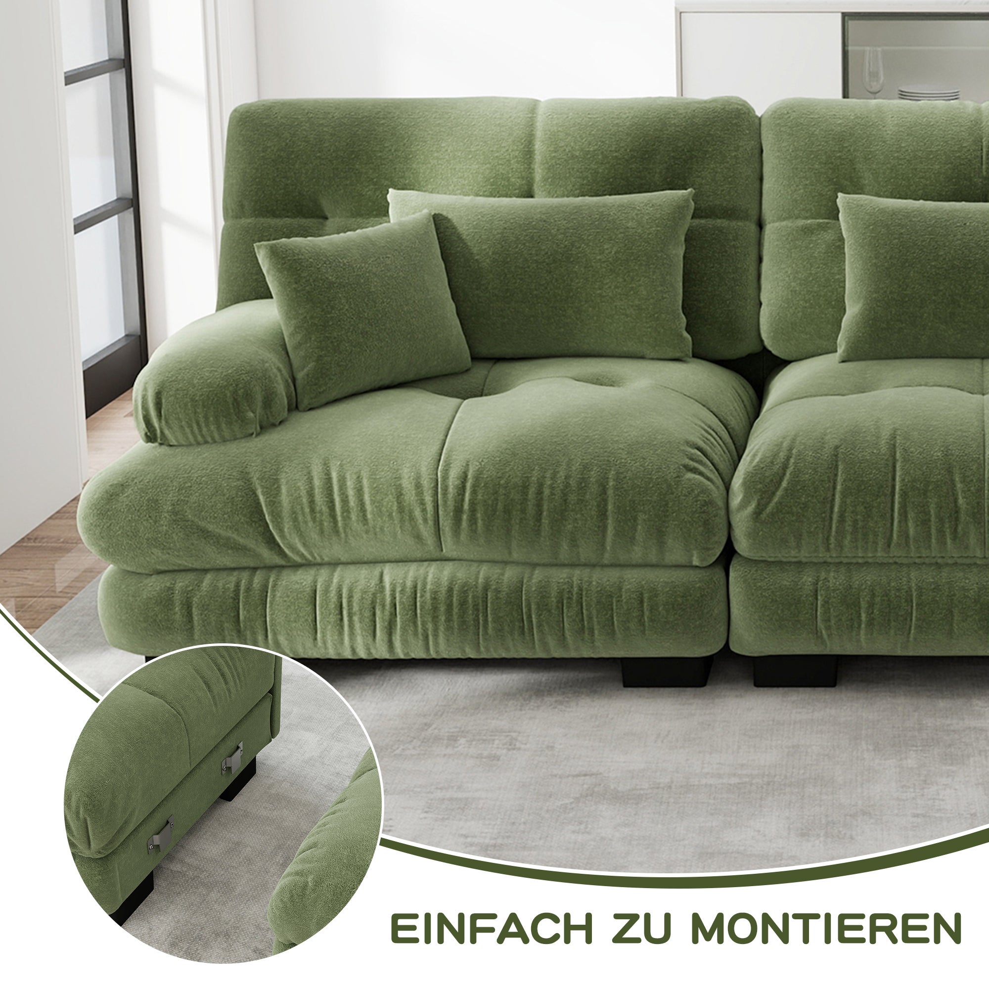 Canapé 3 places moderne,Canapé à assise profonde du salon,avec oreillers lombaires et coussins,Canapé d'angle modulable,Tissu chenille,Vert - 9