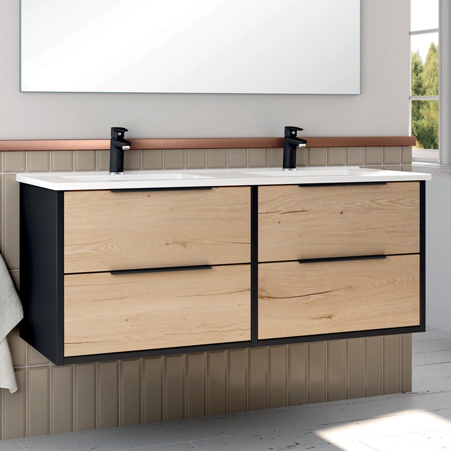 Meuble de salle de bain 120cm double vasque - 4 tiroirs - ALBA - noir/roble - 2