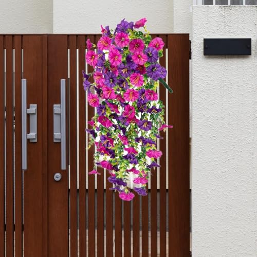Paquete de 4 flores artificiales colgantes para exteriores, campanillas artificiales, color morado y rojo rosa. - 4
