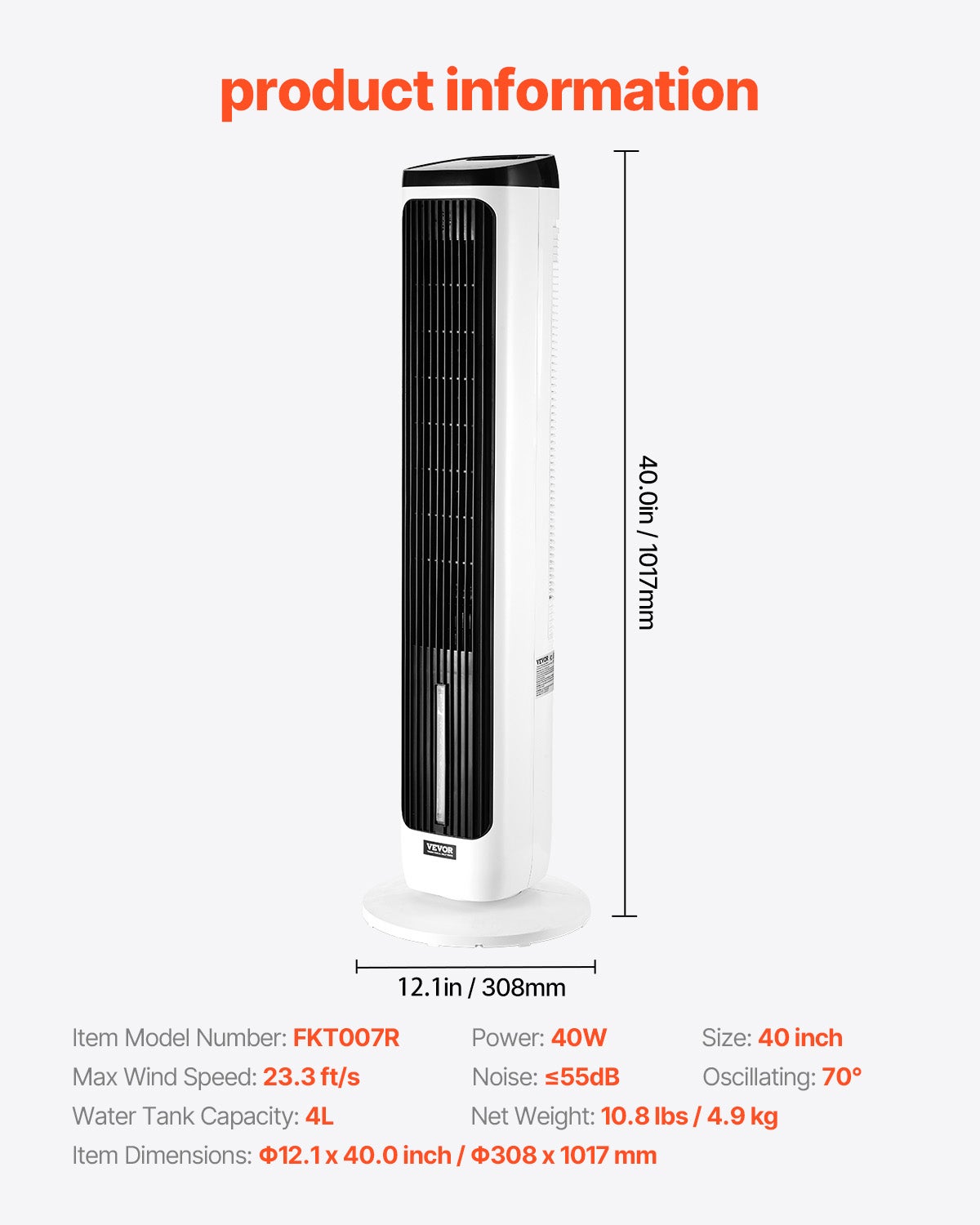 Ventilateur Colonne 1017 mm, Tour Oscillant 70° Silencieux, 7 m/s, Vitesses Réglables, Minuterie 24 h, Télécommande, Chambre, Bureau VEVOR - 7