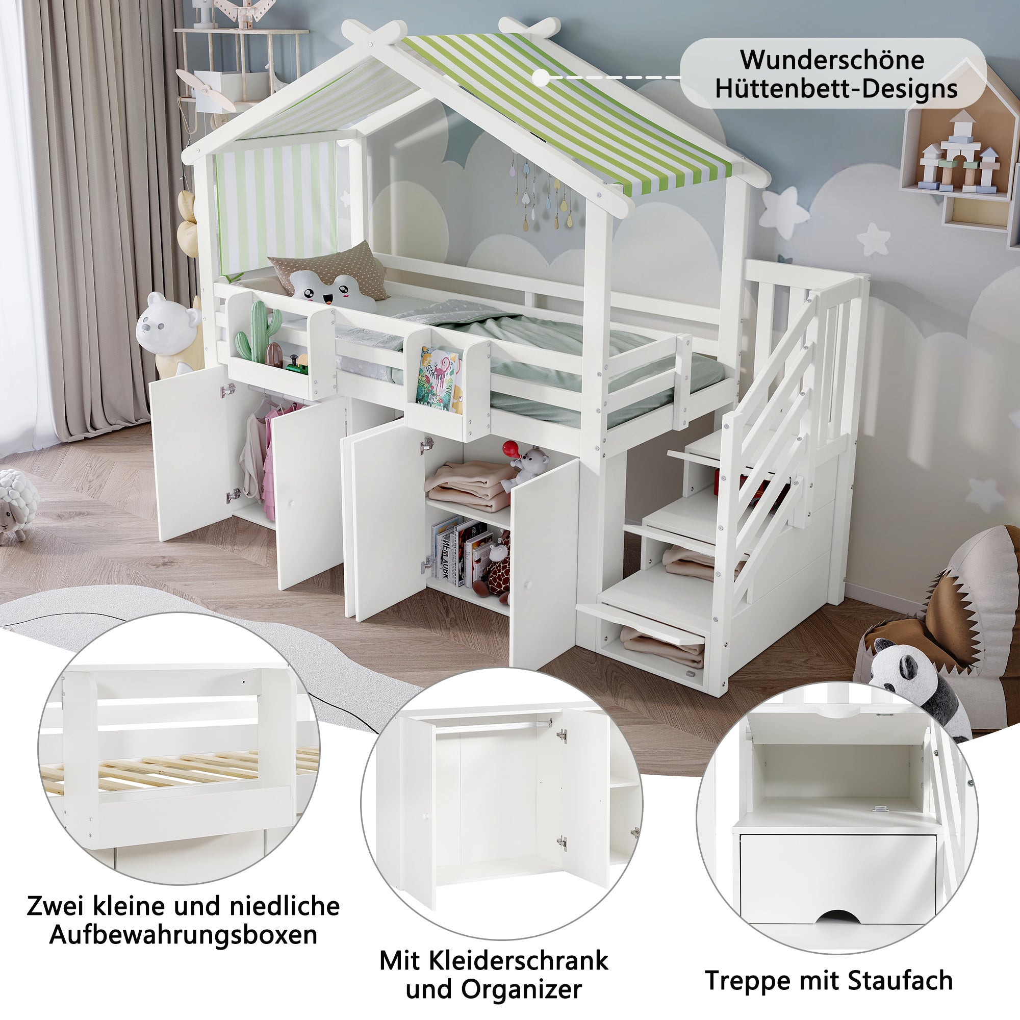 Letto a castello 90x200cm, letto per bambini, con sponda di sicurezza, 1 armadio e 2 armadietti, con 3 armadietti, bianco+verde - 5