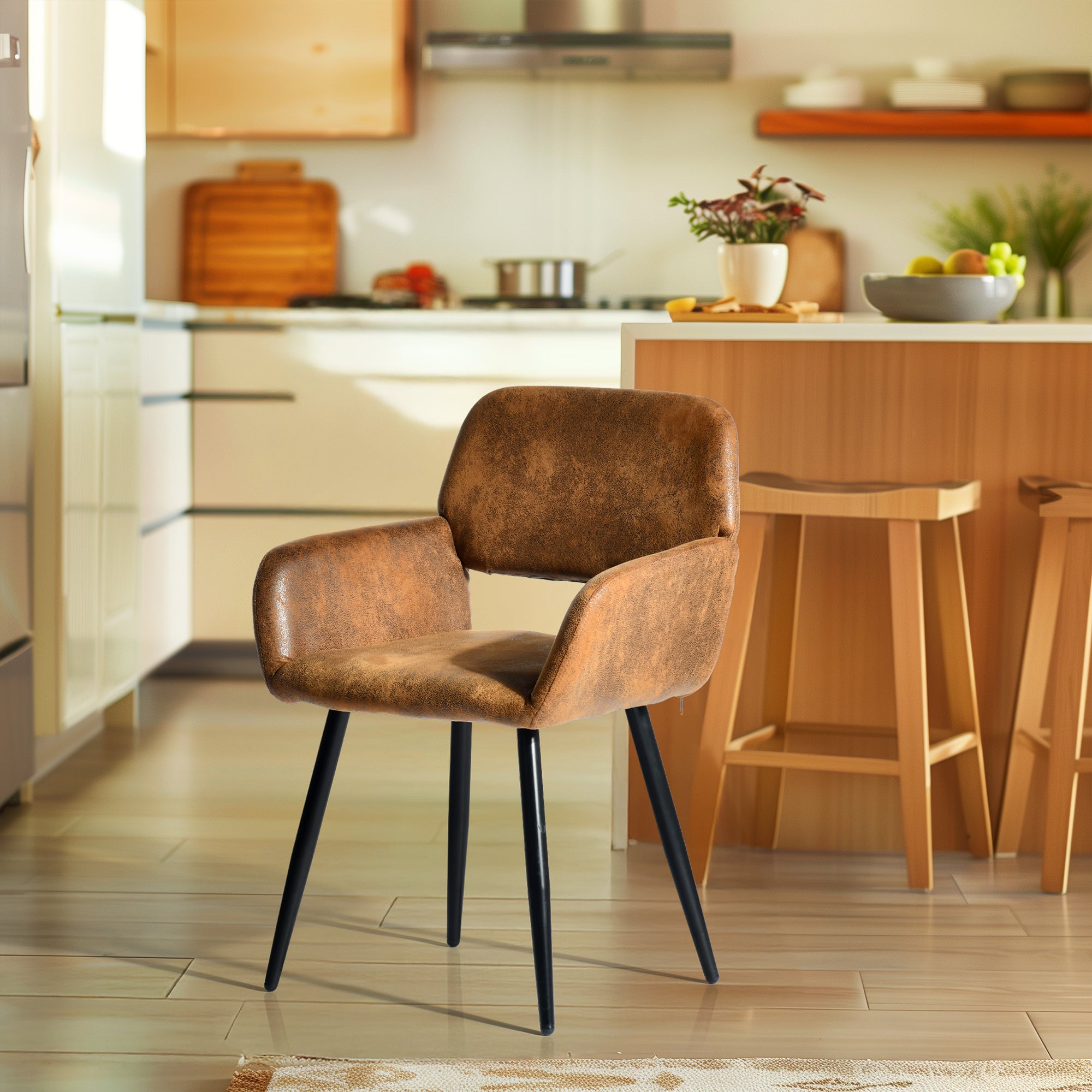 Lot de 2 Chaises de Salle à Manger avec Accoudoirs, Revêtement Effet Daim Marron Vintage, Pieds en Métal Noir, Confort et Élégance - 2