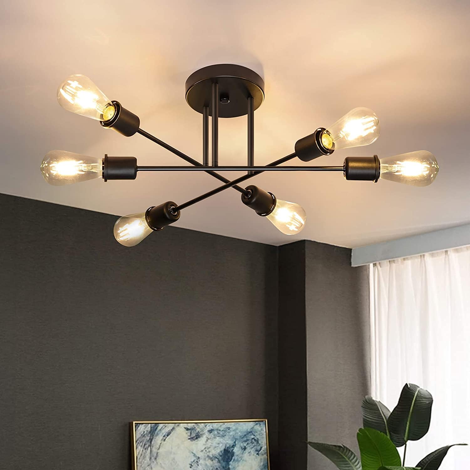 ZMH Czarna lampa sufitowa - Dyskretna lampa 6-ramienna, nowoczesny żyrandol w stylu industrialnym do kuchni, jadalni, salonu