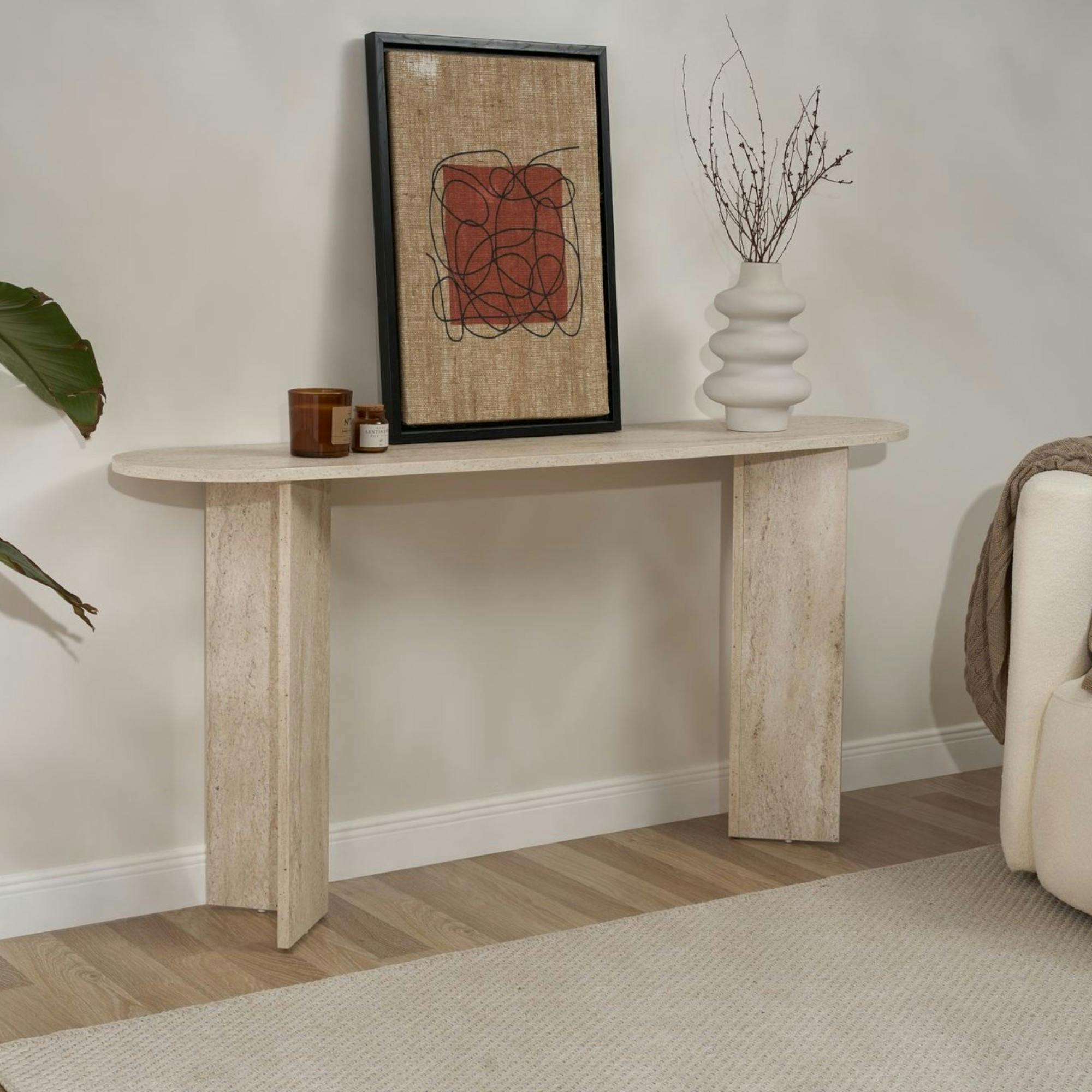 Console de salon ovale effet travertin - pieds en V MARFA - 4