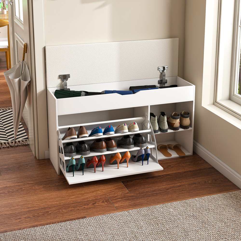 Banc à chaussures MDF blanc 100x30x52 cm avec rangement secret, design moderne minimaliste, coussin PU confortable - 2