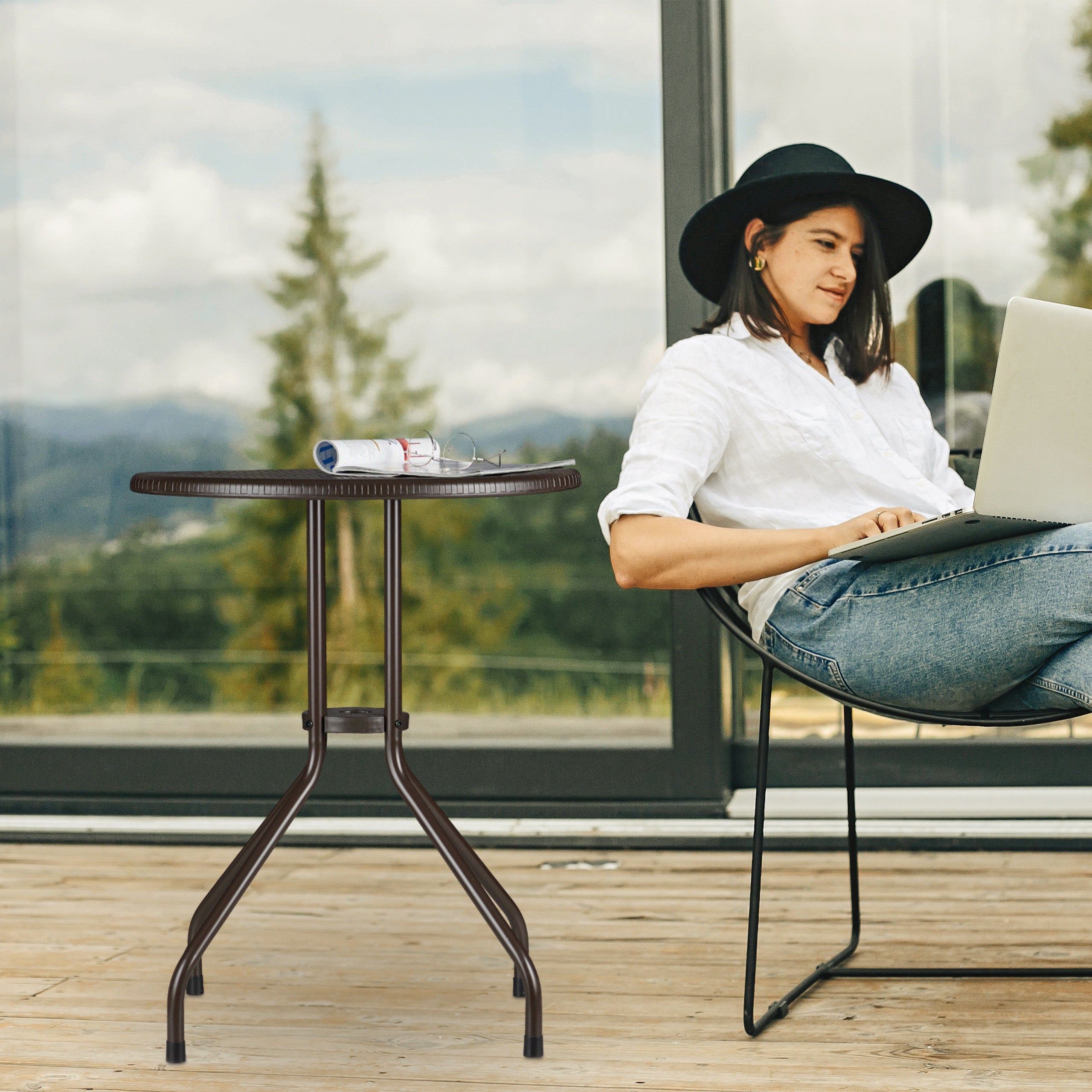 Table ronde de jardin, aspect rotin, plastique, métal, robuste, 2 pers, HxD 74x60 cm, brun, Relaxdays - 5