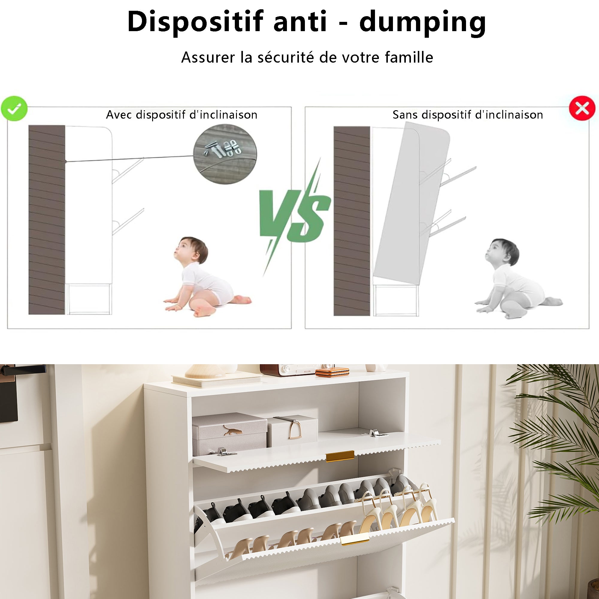Meuble à Chaussures Étroit avec 2 Battants, Armoire à chaussures avec Étagères Réglables Meuble de Rangement à Chaussures avec Tiroir, Blanc - 7