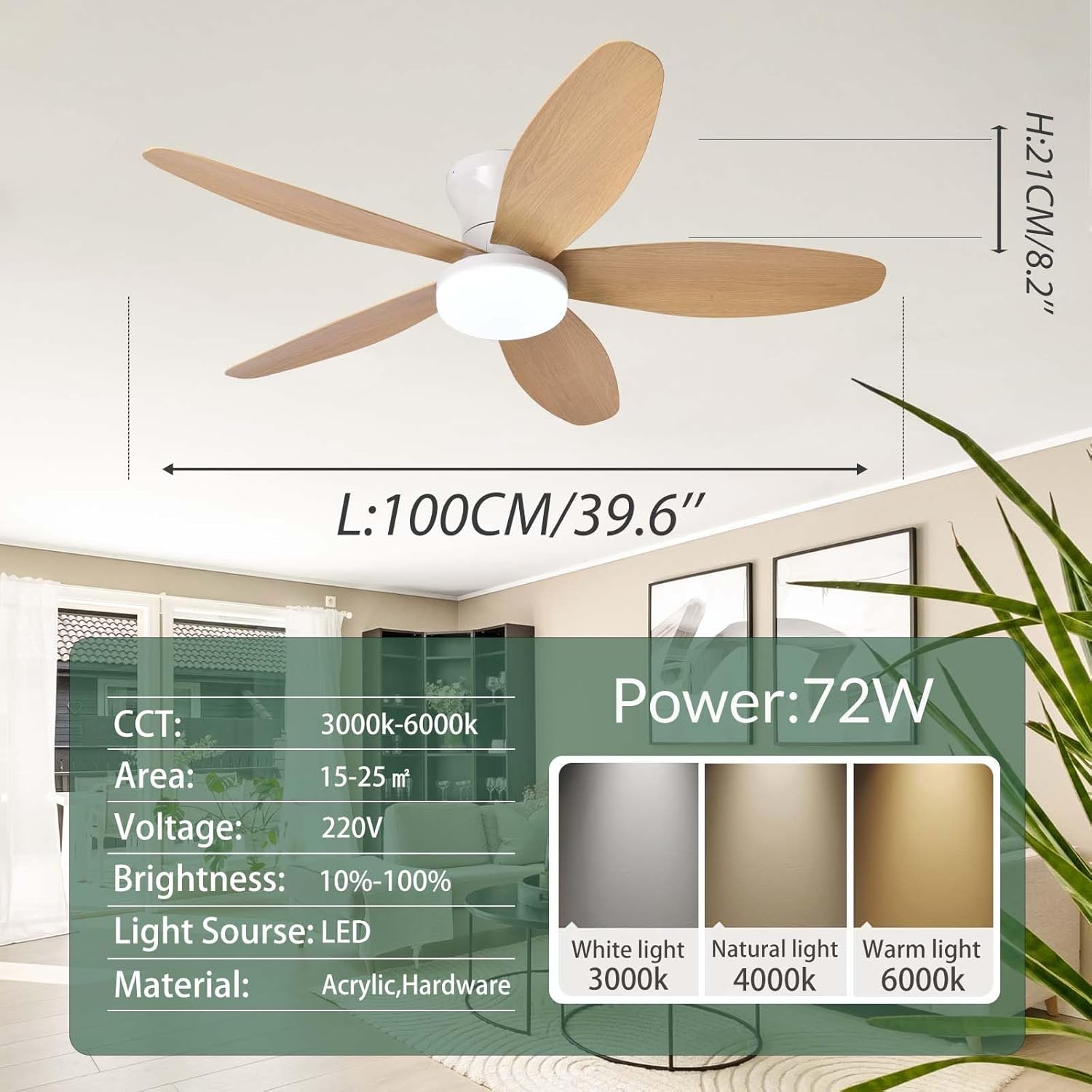 Ventilateur Plafond Avec Lumiere Silencieux, Lustre Ventilo De Plafond Avec Lampe Intégrée DC Moteur, LED Luminaire Ventilateur Plafonnier,Chêne,42in - 4