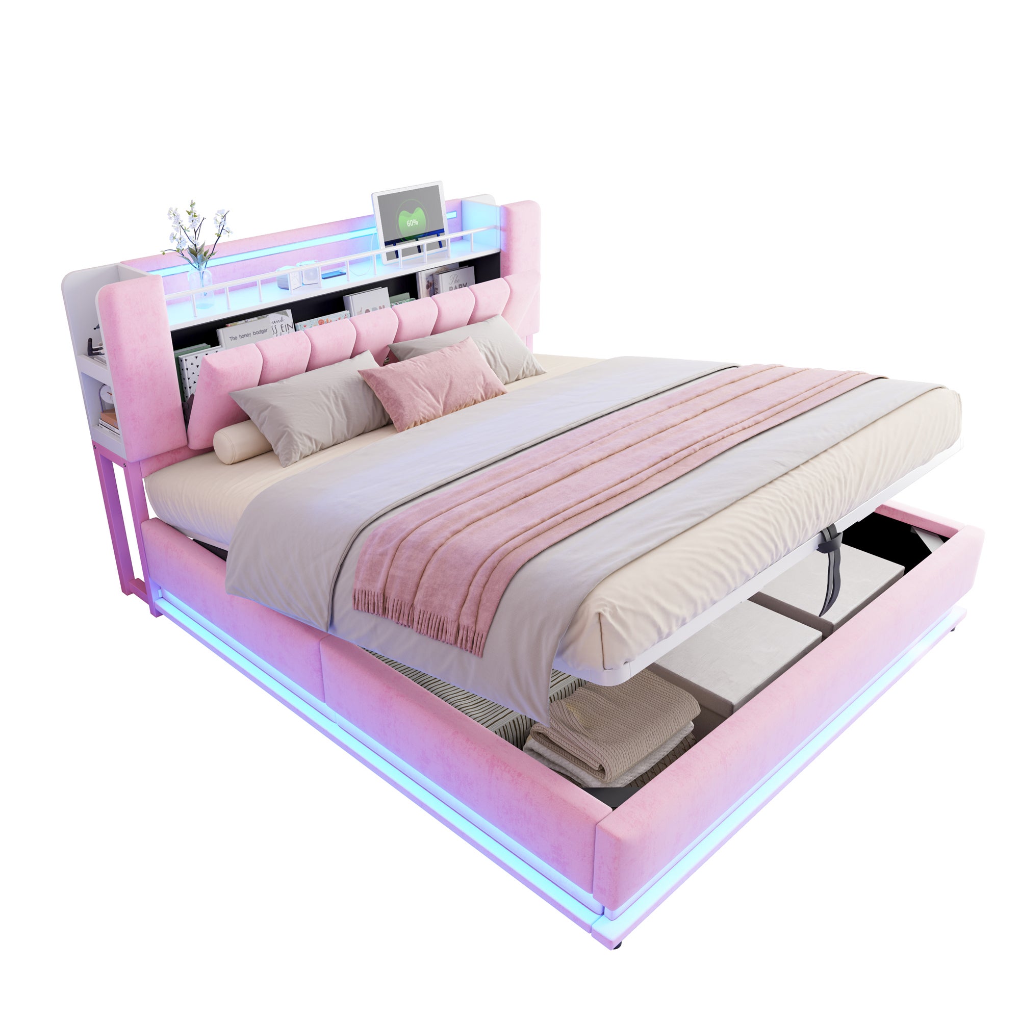 Łóżko z pojemnikiem na pościel 180 x 200 cm i zagłówkiem - Tkanina aksamitna - Diody LED - Porty USB - Różowe (Materac nie jest dołączony) - 9