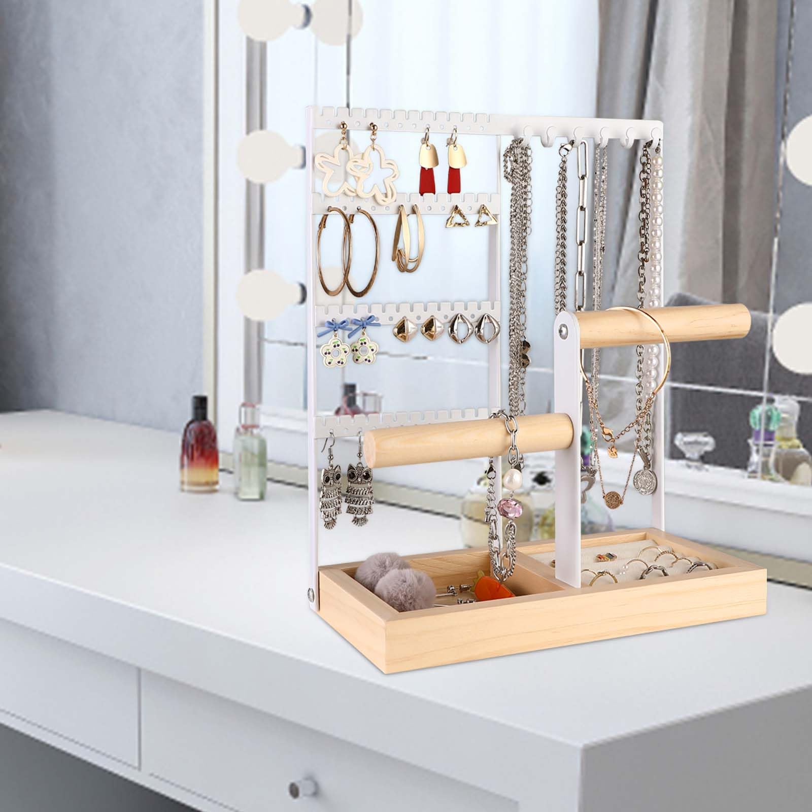 Présentoir à bijoux porte-chaîne en Metal et Bois Durable,4 niveaux, avec Plateau et Crochets,rangement pour bagues, boucles d'oreilles,bracelets - 7