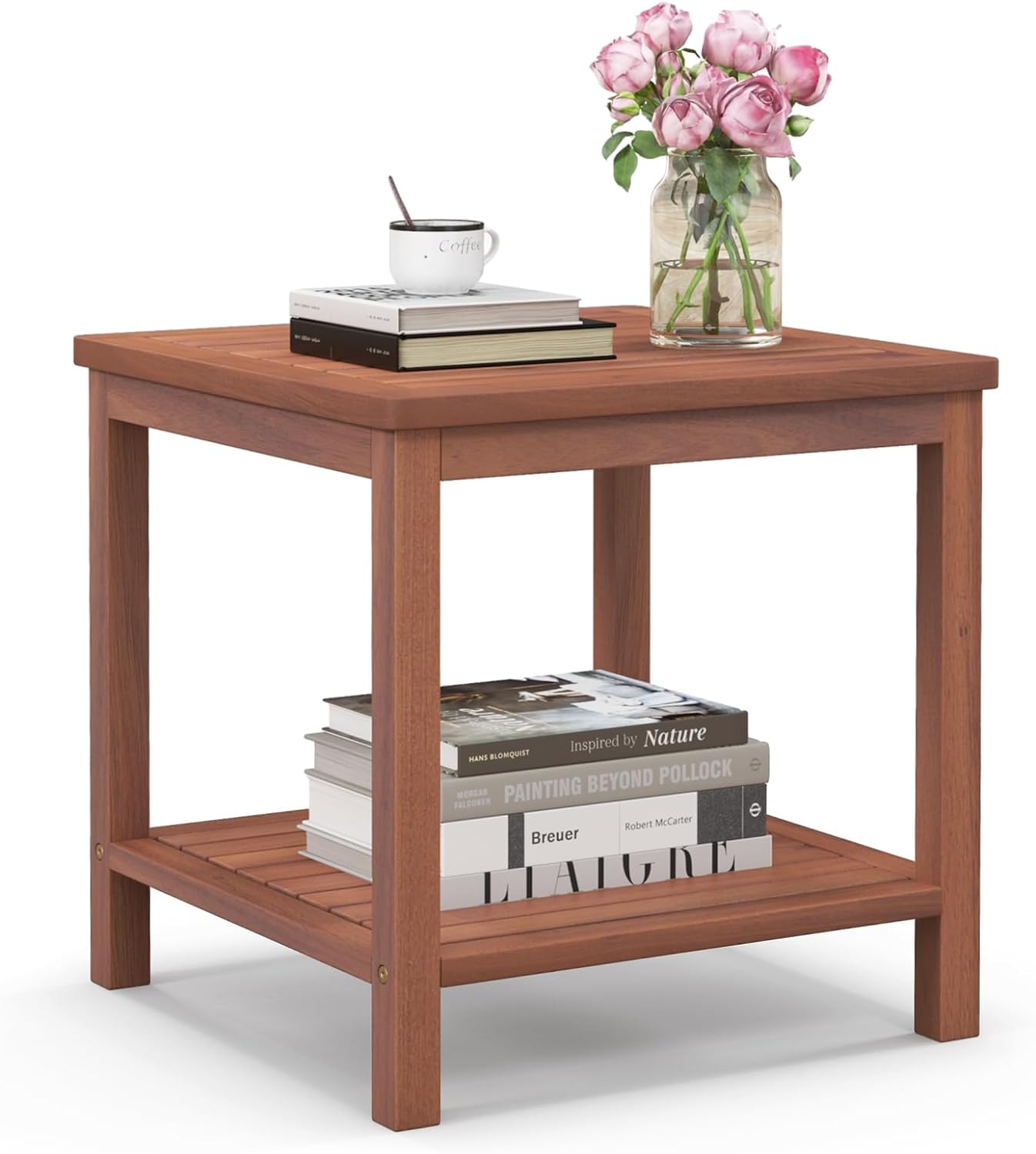 Stolik pomocniczy z drewna akacjowego, mały stół ogrodowy, stół balkonowy, drewniany stół z lamelkami, do salonu (kształt H, 45 x 45 x 45 cm)